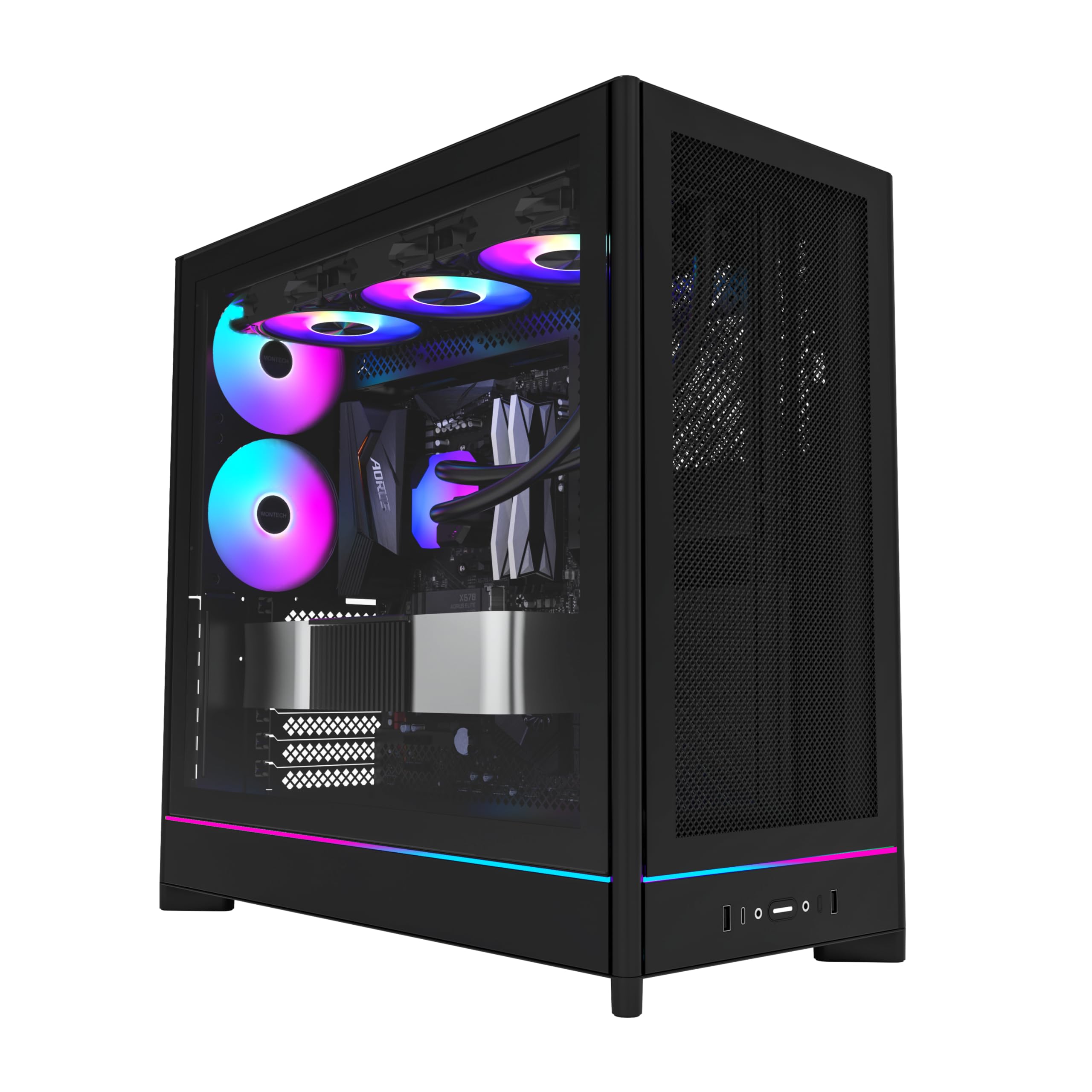 Montech HS01, ATX Mid-Tower PC Case, Gaming PC, High Airflow, Reversible Layout, Mesh Front Panel, Sinking Design, Toolless Panels, Black