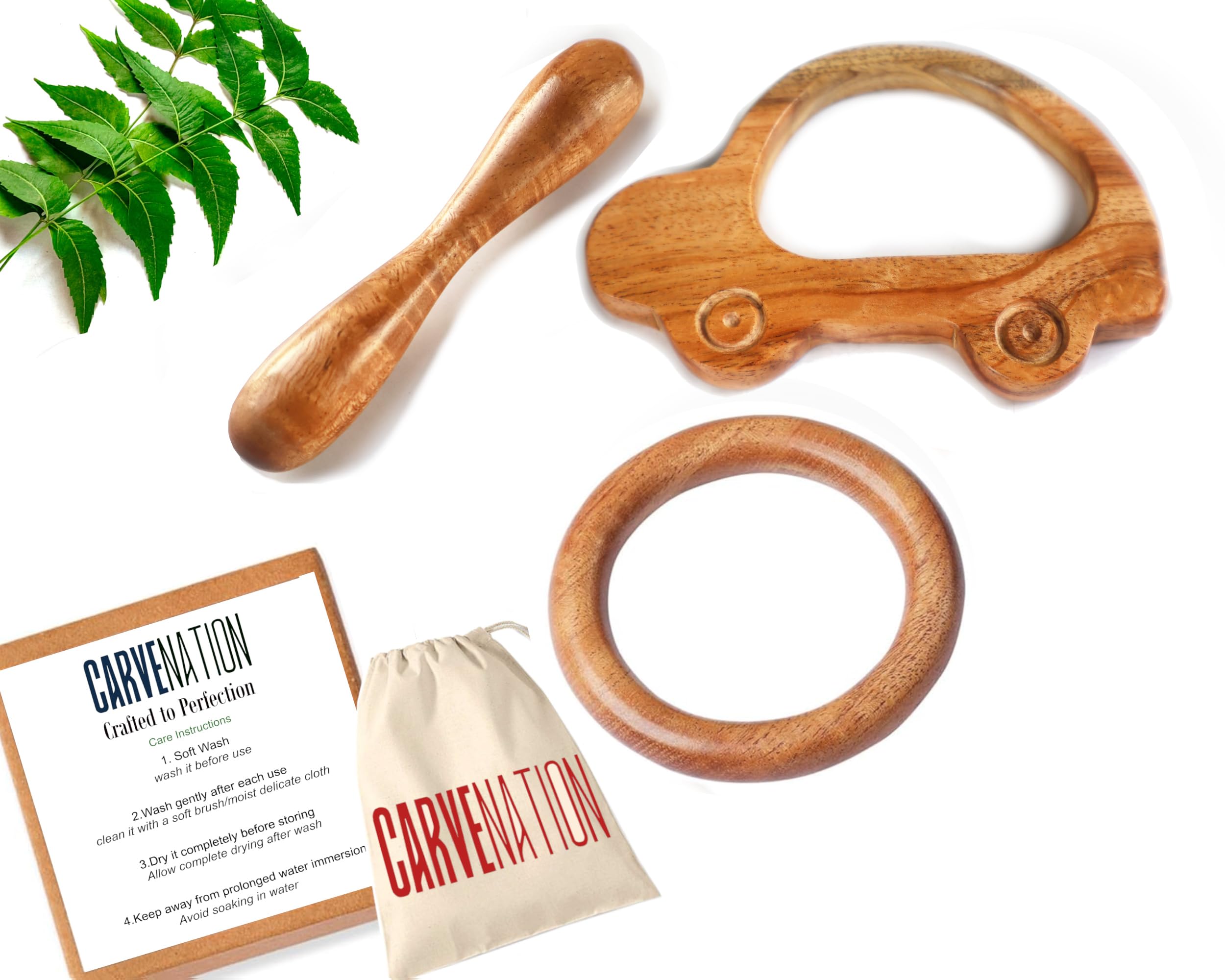 CarveNation® Neem Wood Teether | Tender Dumbbell Ring Shape Wooden Teether | Ayurvedic Beneficial Neem Baby Gum Soothers and Chew Rings | Beautiful Chewbies for Toddlers (Car Ring Dumbbell)