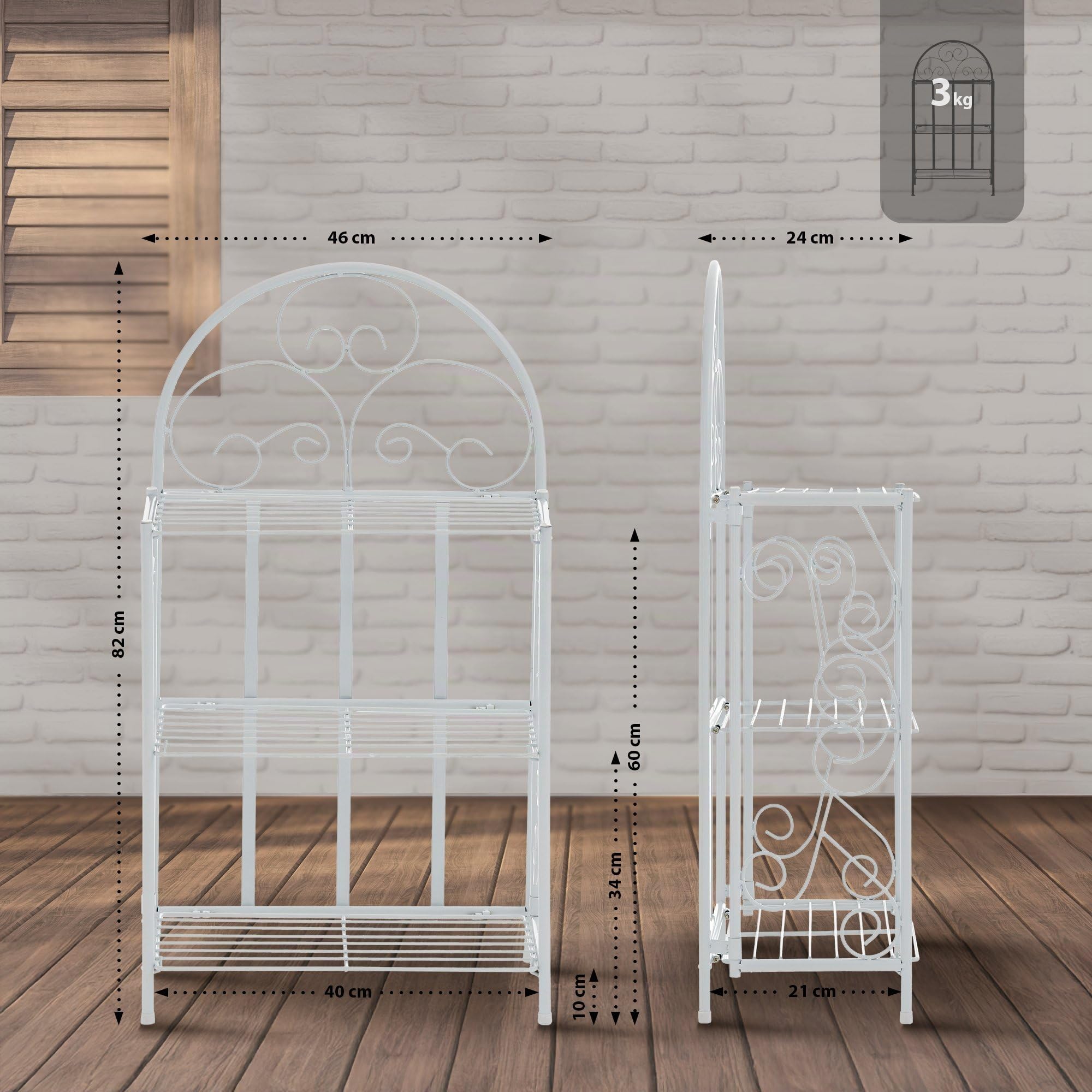 CLP Scaffale Rosa, stabile in stile country | Scaffale pieghevole in ferro con 3 ripiani | Disponibile in vari colori, Colore:bianco
