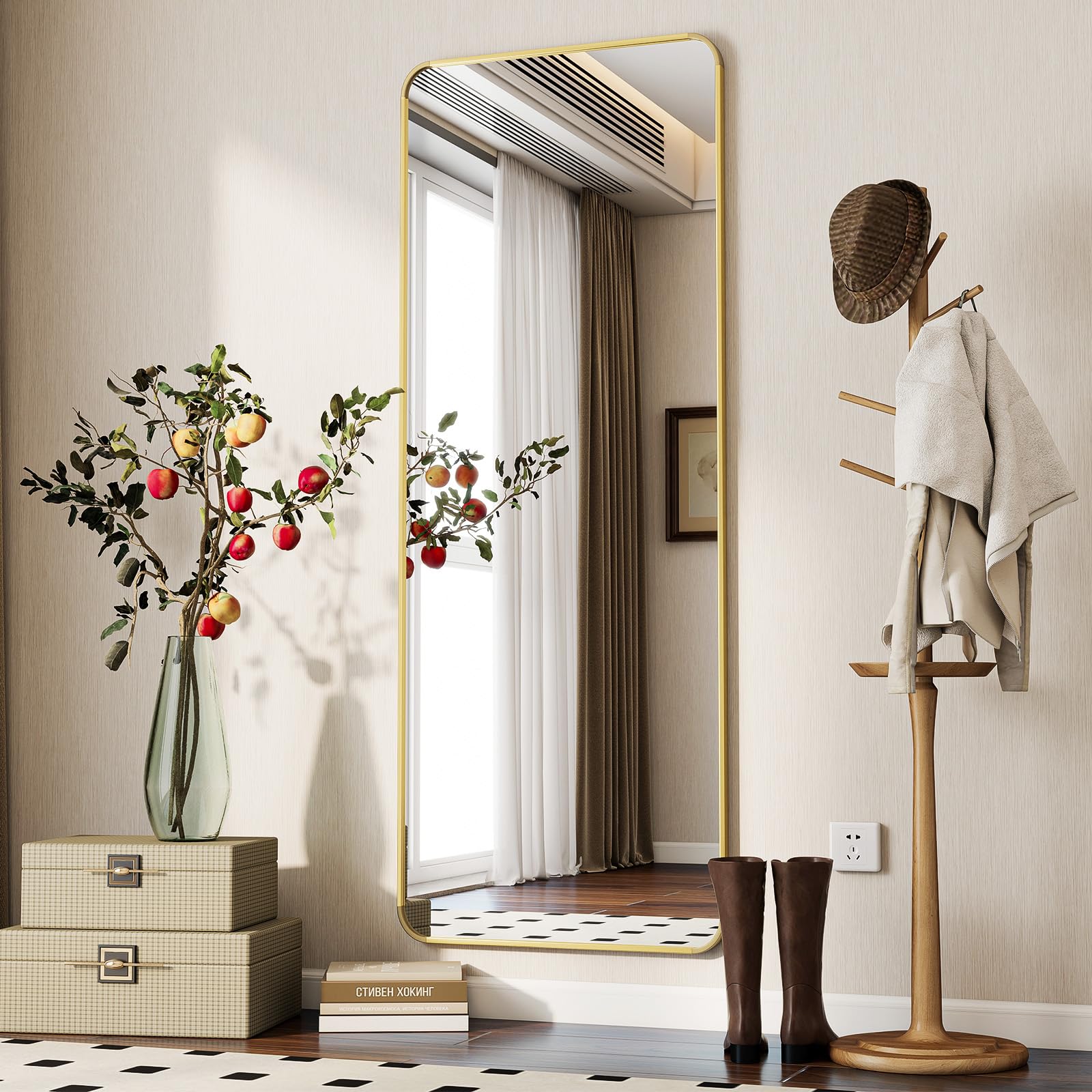 Koonmi Gold Full Length Mirror, 150 X 40 Cm, Rectangle Round Corner Full Body Mirror With Stand, Aluminium Alloy Frame, Tempered Glass, For Bedroom, Living Room, Cloakroom,