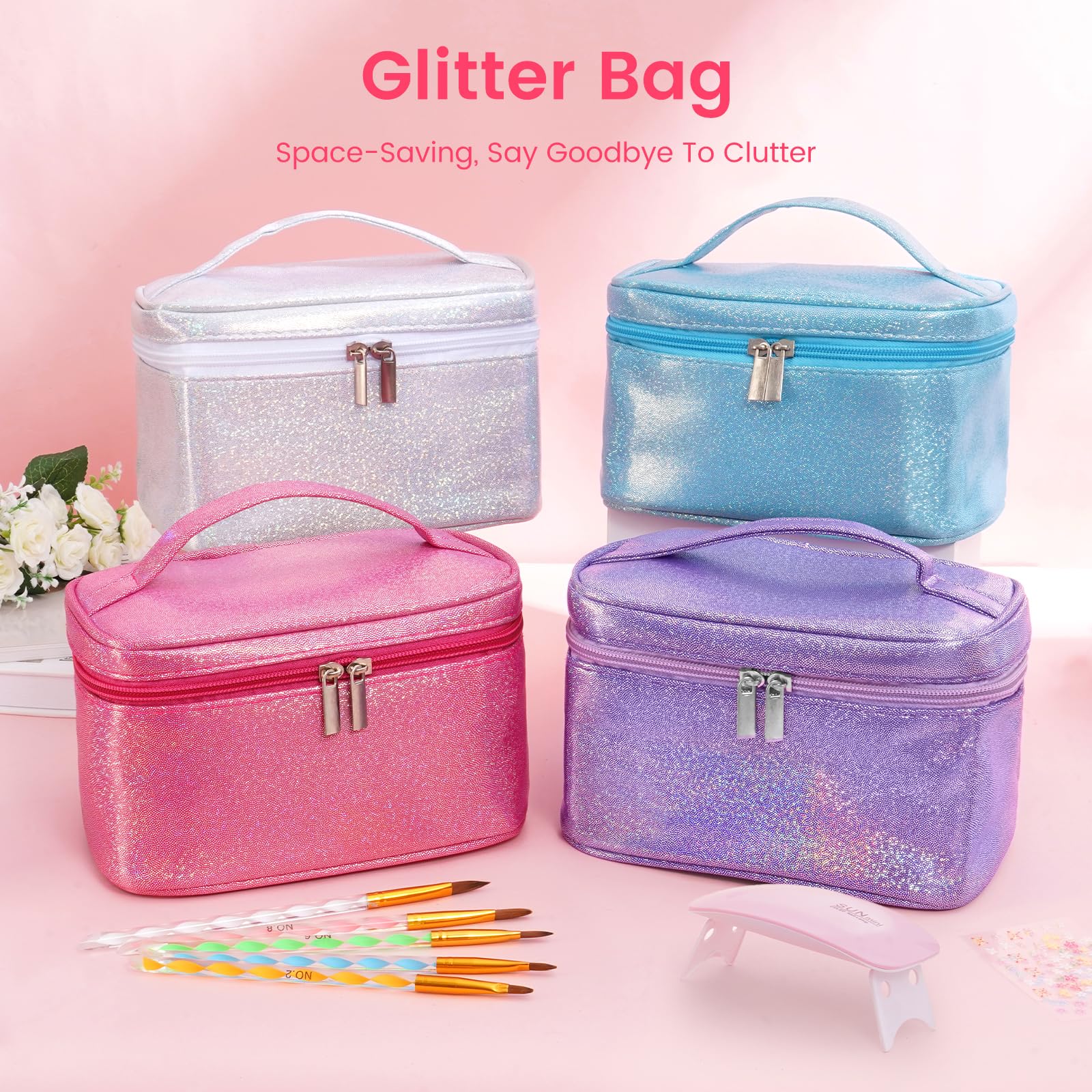 Kit de Uñas Acrílicas para Principiantes Completo: 4 Colores Acrilico Para Uñas con Dedo de Práctica Taladro Lámpara UV - Kit Uñas Semipermanentes Extensión con Bolsa Glitter