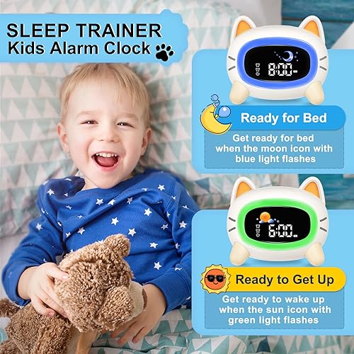 Miniatura 2 de Monebena Reloj despertador para niños, lindo reloj despertador OK to Wake para niños, reloj de entrenamiento del sueño con luz nocturna y máquina de