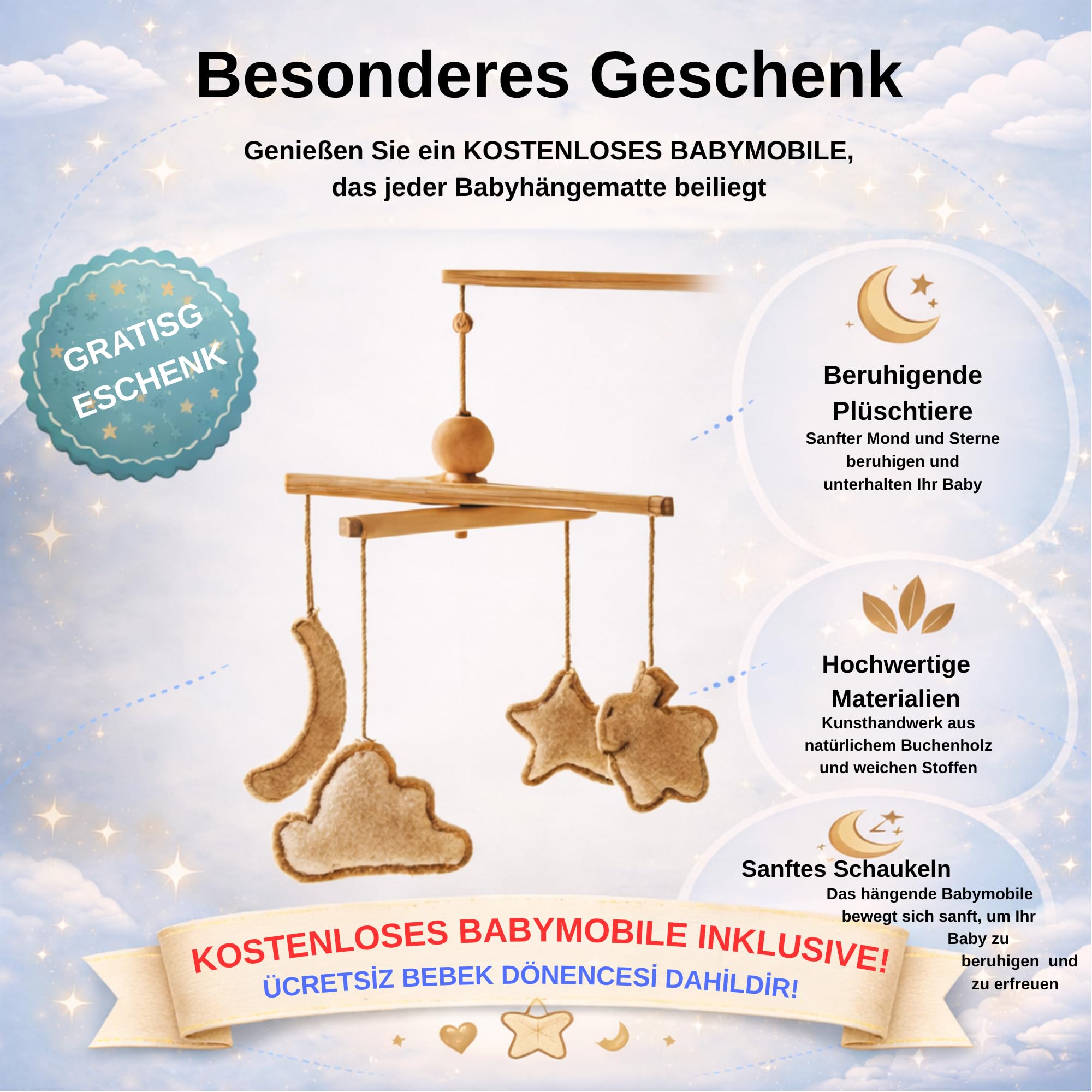 Kinder-Hängematte mit Holzgestell – Ergonomische 66×150 cm Hängeliege für 3–5 Jahre I Weicher Atmungsaktiver Stoff & Sanftes Schaukelgefühl I Tragbar & Vielseitig Nutzbar – Beige