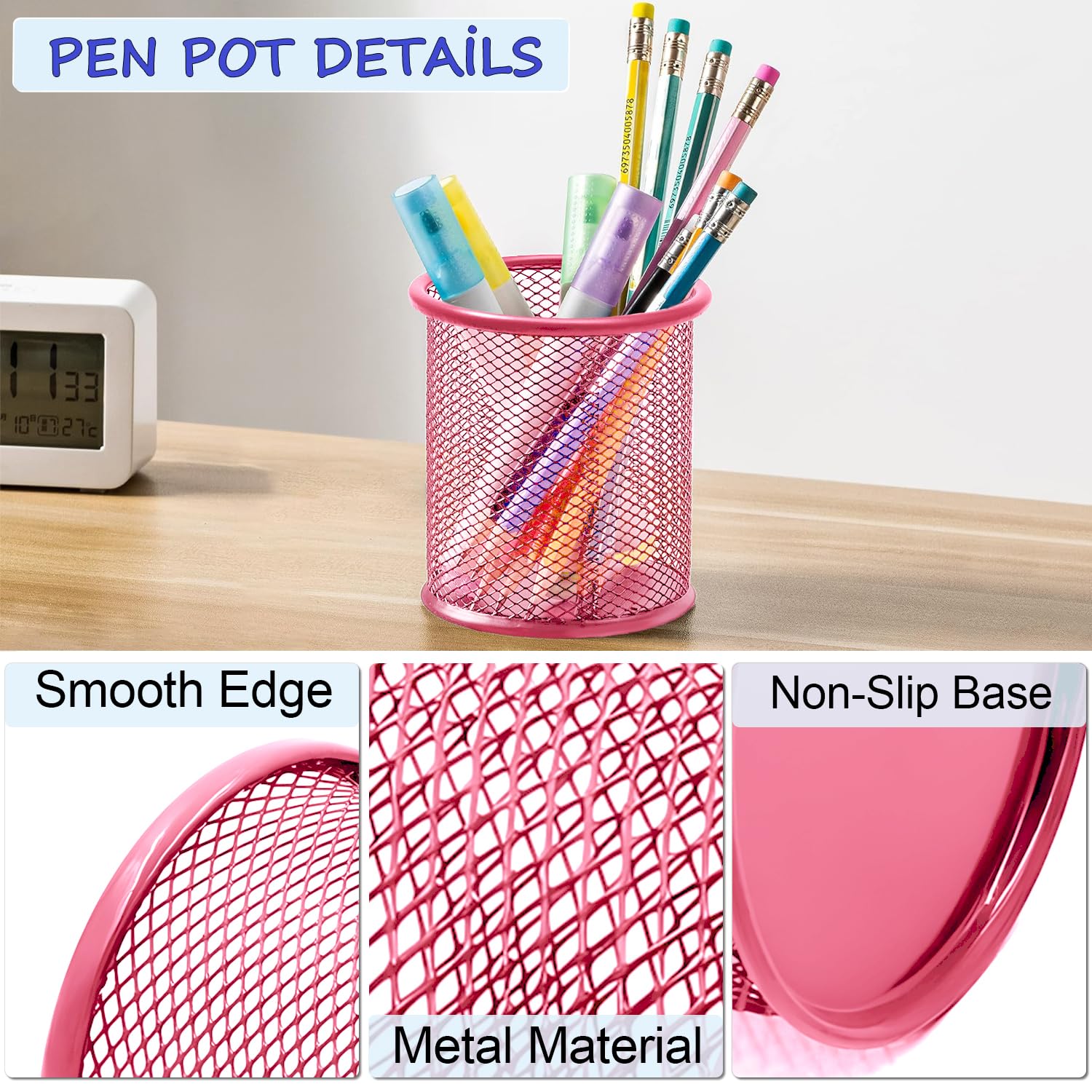 Qualsen Pack of 2 Pink Metal Pen Holders, Desk Organizer with Airy Mesh Design, 2 pack - Image 3