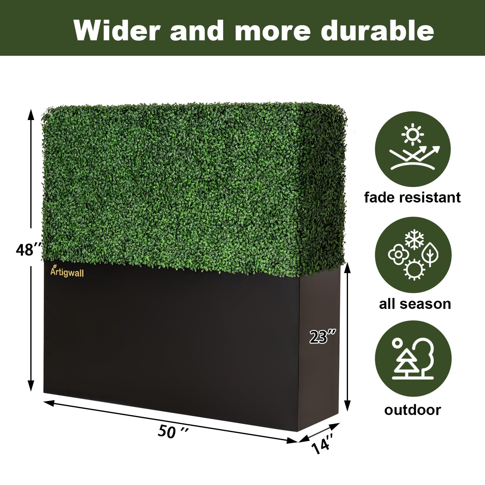 Pared de seto artificial con maceta negra cubierta por popular boj verde oscuro anti-UV, 50 pulgadas de largo x 48 pulgadas de alto x 14 pulgadas de profundidad