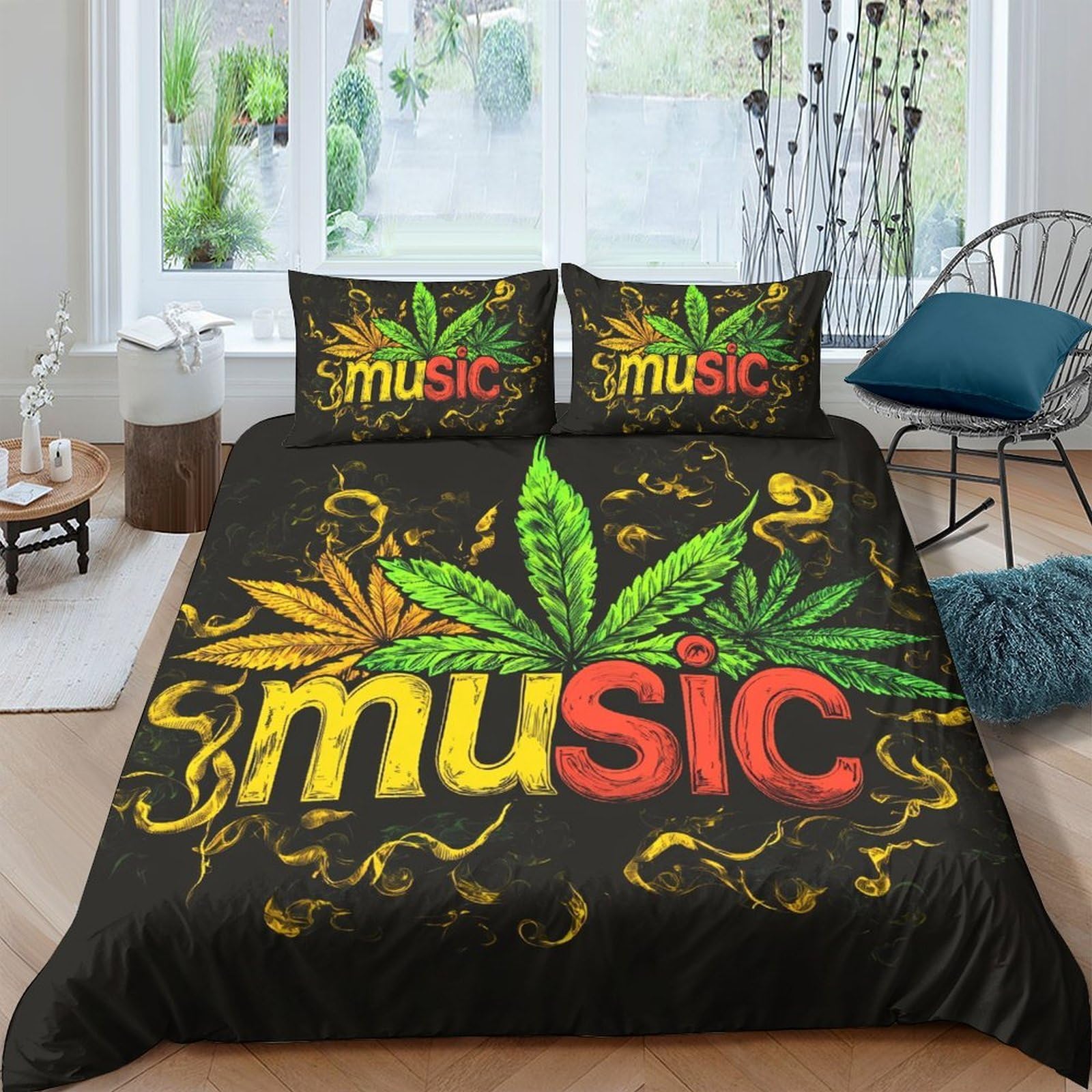 GPLZQXKJNH 3D Printed Reggae Leaf Duvet Cover Microfiber Soft Breathable Music Theme Bedding Set with 2 Pillowcases for Bedroom Decor Single（135x200cm）