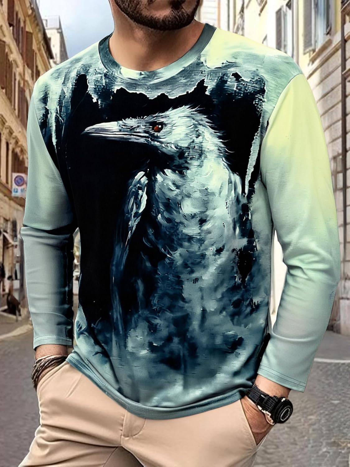 Camisetas masculinas estampadas manga longa casual gola redonda com design abstrato estampado leve streetwear pulôver