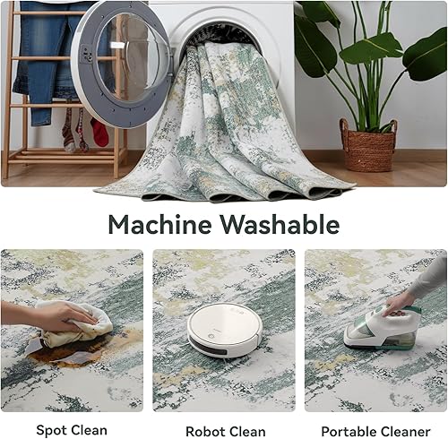 Miniatura 5 de Kelarea Alfombra lavable para sala de estar, 8 x 10 pies, antideslizante, moderna, abstracta, verde, fácil de limpiar, alfombra grande para