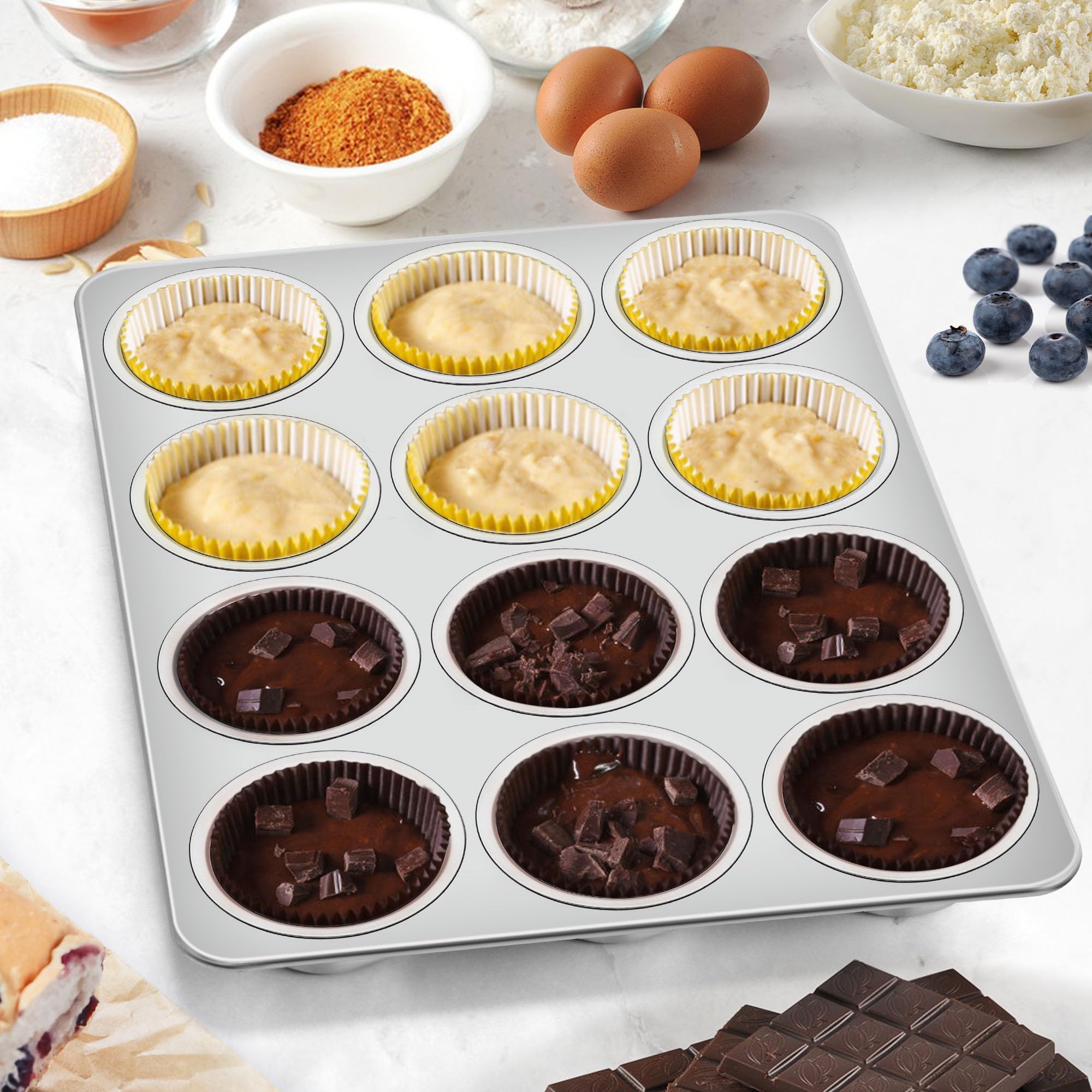 Homikit Lot de 2 moules à muffins en acier inoxydable avec 12 tasses de taille standard, plateau anti-adhésif en métal pour la cuisson, non toxique et antirouille, passe au four et au lave-vaisselle