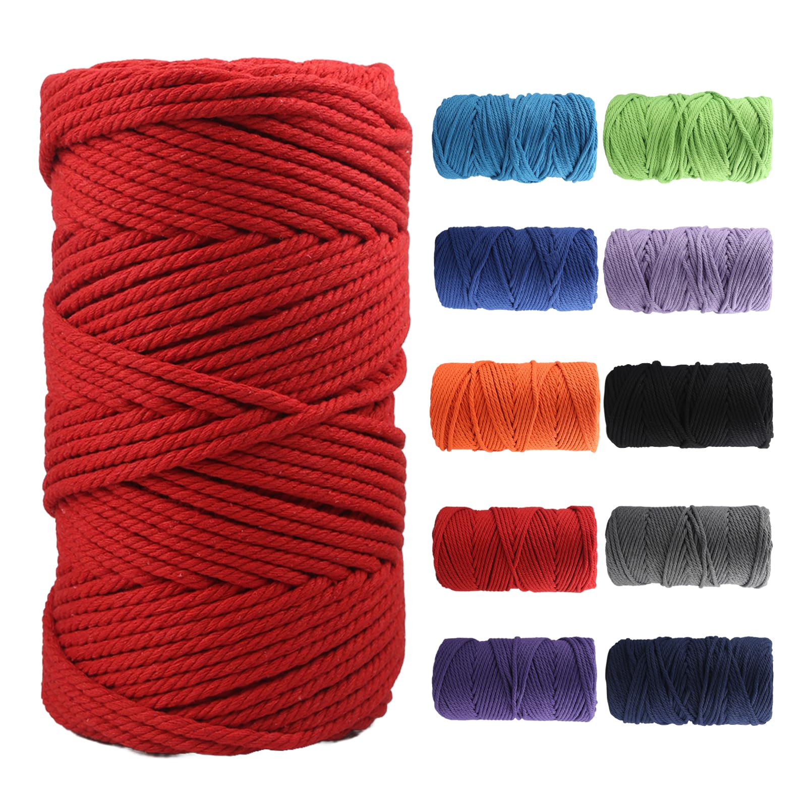 Macrame Cotton Cord 5mm×100m, Soft 4 Strand Twisted Natural Cotton for Handmade Wall Hanging, DIY, Craft Making, Knitting, Plant Hangers, Decorative Projects (Red)
