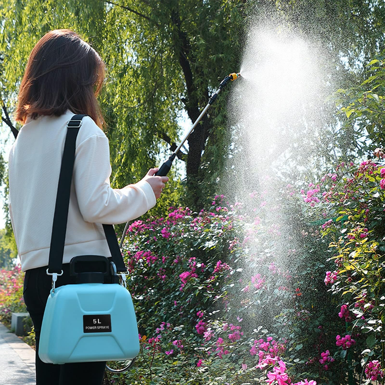 Procci Spruzzatore a batteria da 5 l, spruzzatore elettrico ad alta capacità e 3 ugelli per nebbia, manico ricaricabile da 2000 mAh, dura 180 minuti, spruzzatore da giardino, spruzzatore per erbacce