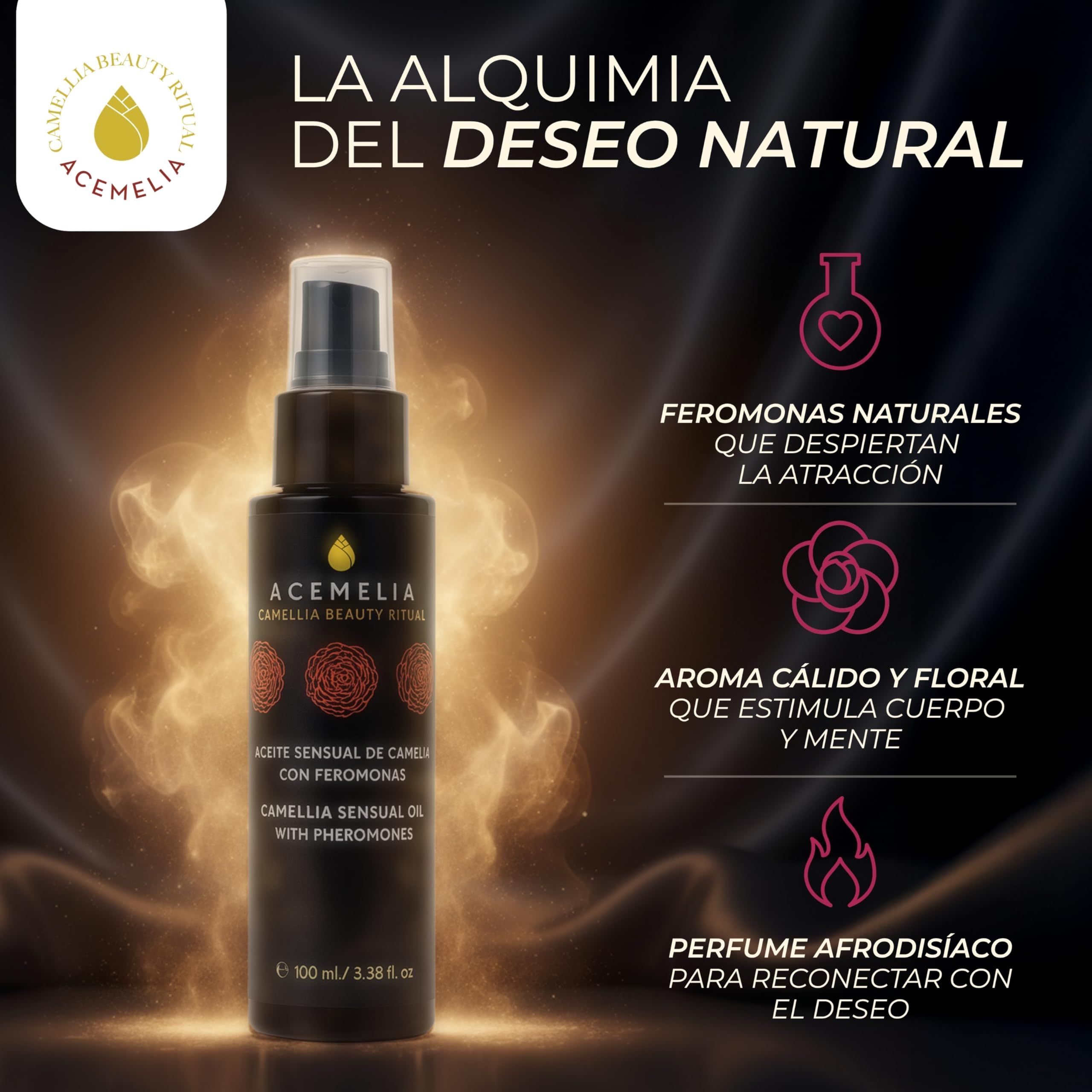 ACEMELIA | Aceite Sensual de Camelia con Feromonas – 100 ml | Aceite de Masaje Erótico Afrodisíaco Natural para Parejas | Nutre, Suaviza y Despierta la Pasión – Vegano y Made in Spain