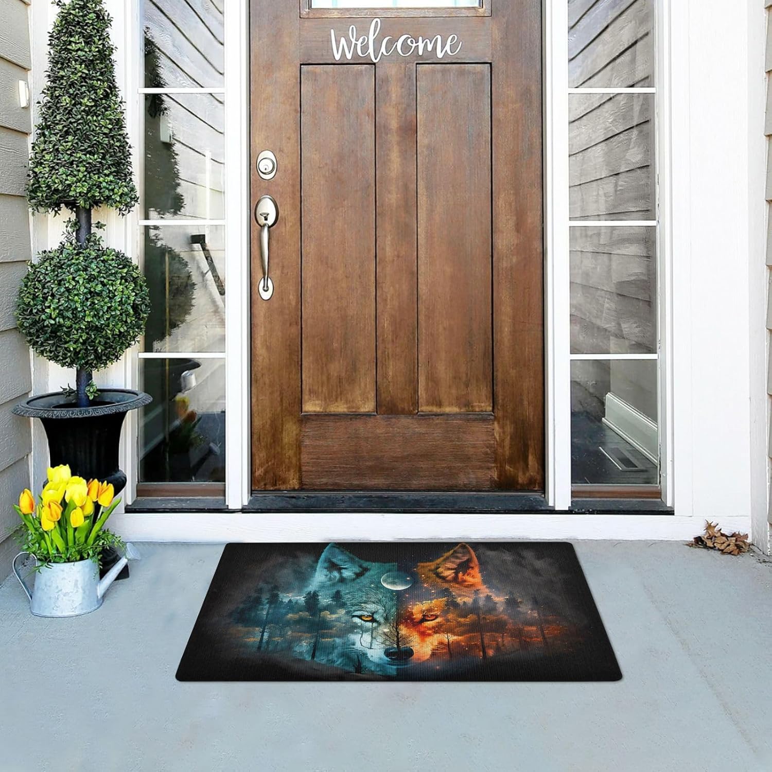Front Door Mat Wolf Forest Night Print, 32x20 in Indoor Outdoor Welcome Mats Doormat for Entrance Patio Porch Entryway Water Absorbent Low Profile Anti Slip