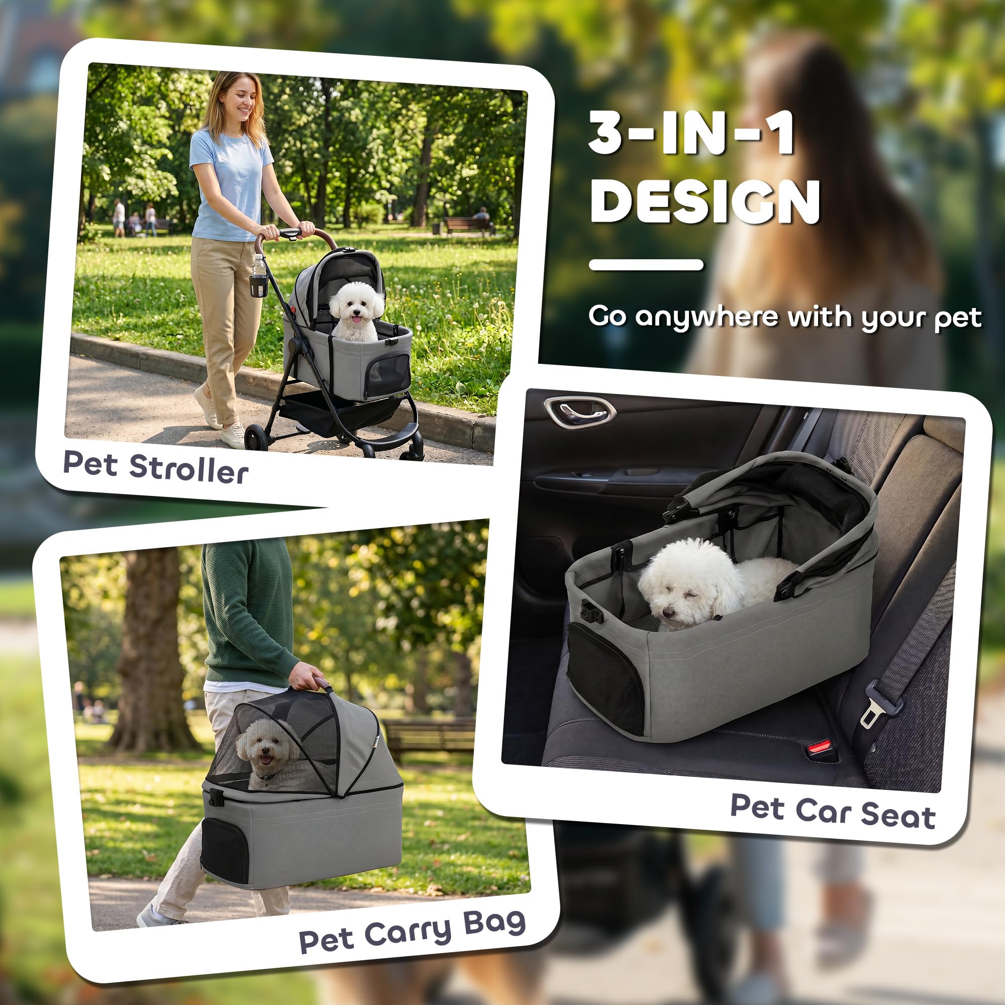 Pawhut Poussette pour chien 3 en 1 pliable pour petit chiot et chat, Gris
