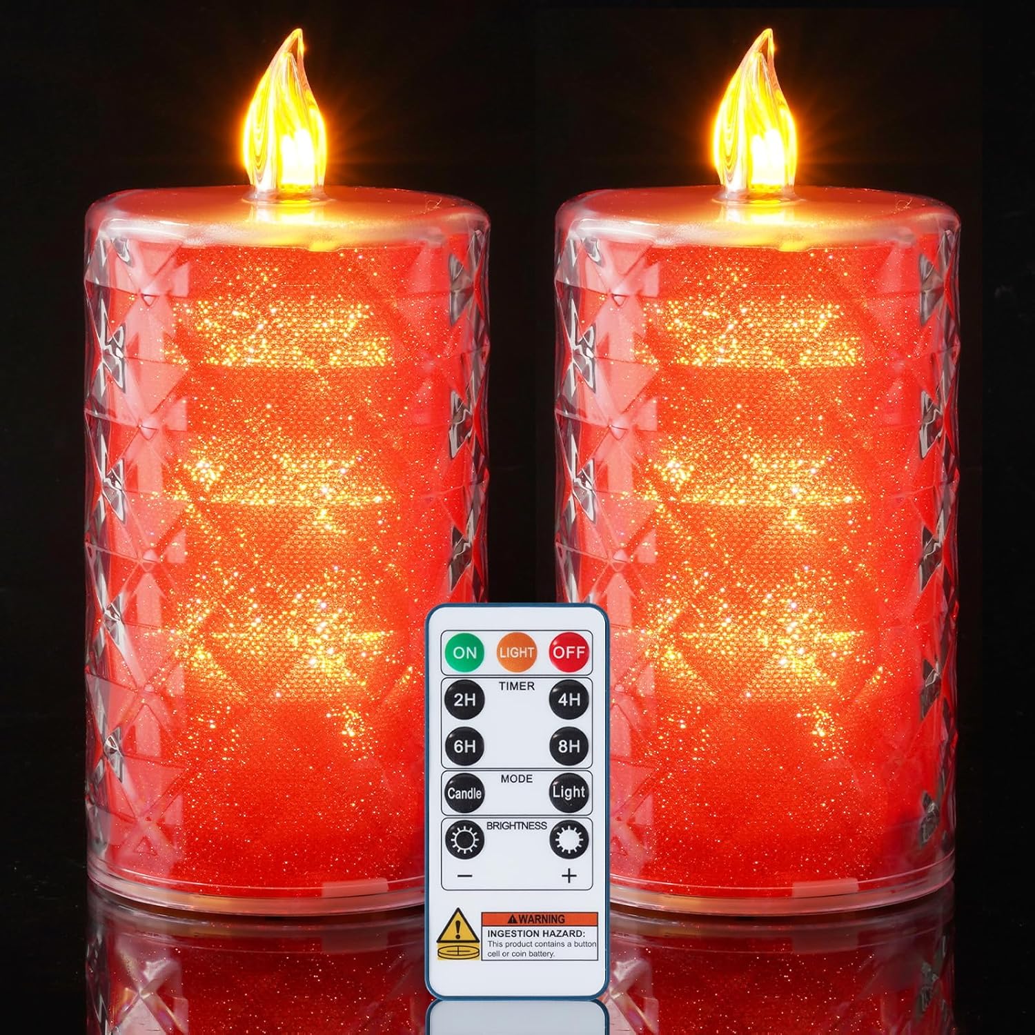 Homemory Battery Operated Candles with Remote, 2 Pcs Timer Flickering LED Fake Candles, Flameless Candle with Crystal Shell and Embedded Glitter for Wedding, Home & Christmas Decor, Red