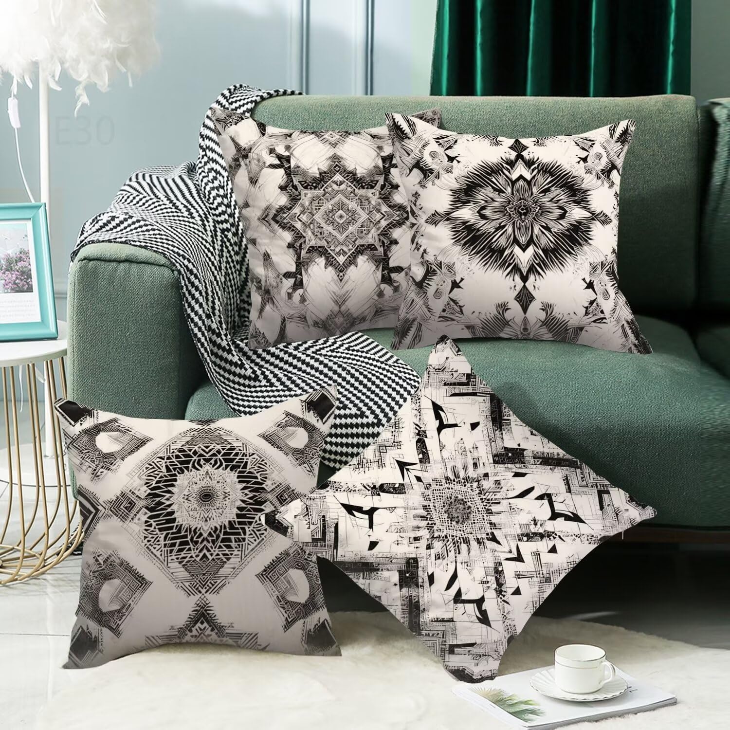 Beige Federe Cuscini Divano 60x60cm,4 Pack Mandala Estate Esterno Cuscini per Divano,Doppio Lato Quadrato Morbido Cuscini Divano,per Divano Soggiorno Sedia Autunno Dekoration Cuscino,Regali LY-30