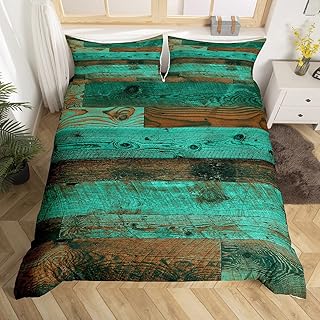 Teal Barn Door Duvet Cover Queen Turquoise Brown Wooden Wood Western Bedding Set Retro Rustic Farmhouse Comforter Cover For Kids Teen Adults Men Old Plank Country Style Bed Set With 2 Pillow Cases