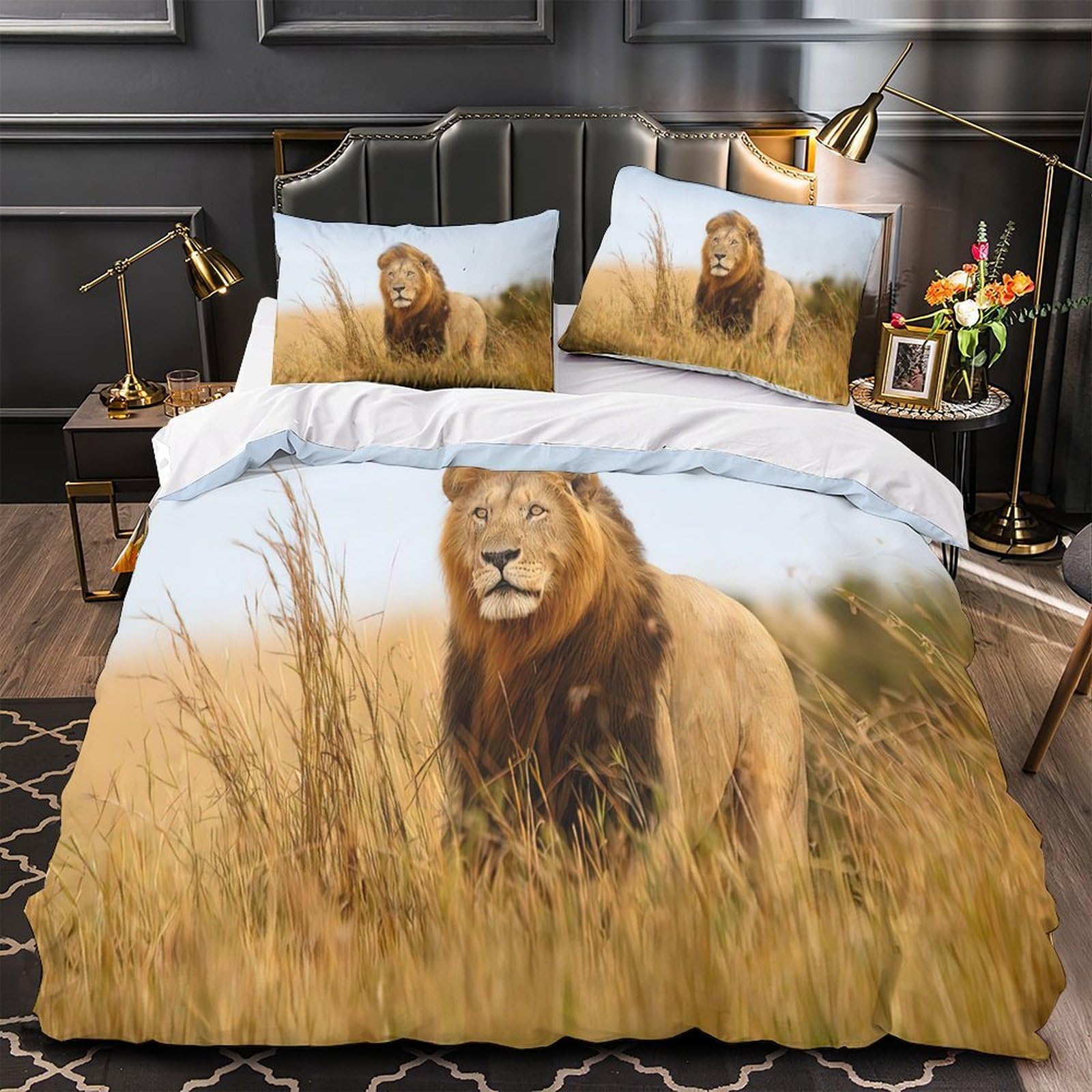 Housse de couette lion avec fermeture éclair pour couette qui ne glisse plus