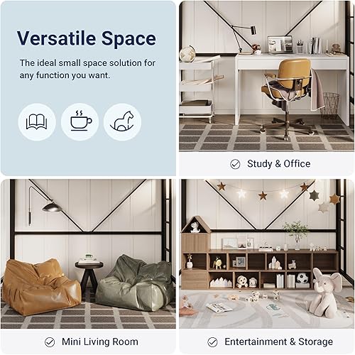 Miniatura 7 de Allewie Marco de cama de metal tamaño individual con escaleras y barandilla, muebles pequeños que ahorran espacio para dormitorio, habitación de