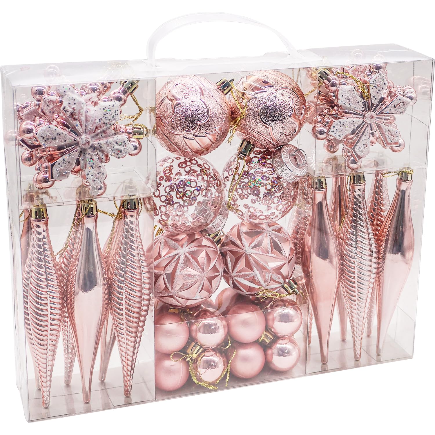 Yulenova Pink 40 Pcs Christmas Baubles Set, Christmas Ball Ornaments With Strings, Shatterproof Glitter Baubles Icicle Snowflakes For Xmas Tree Decorations,