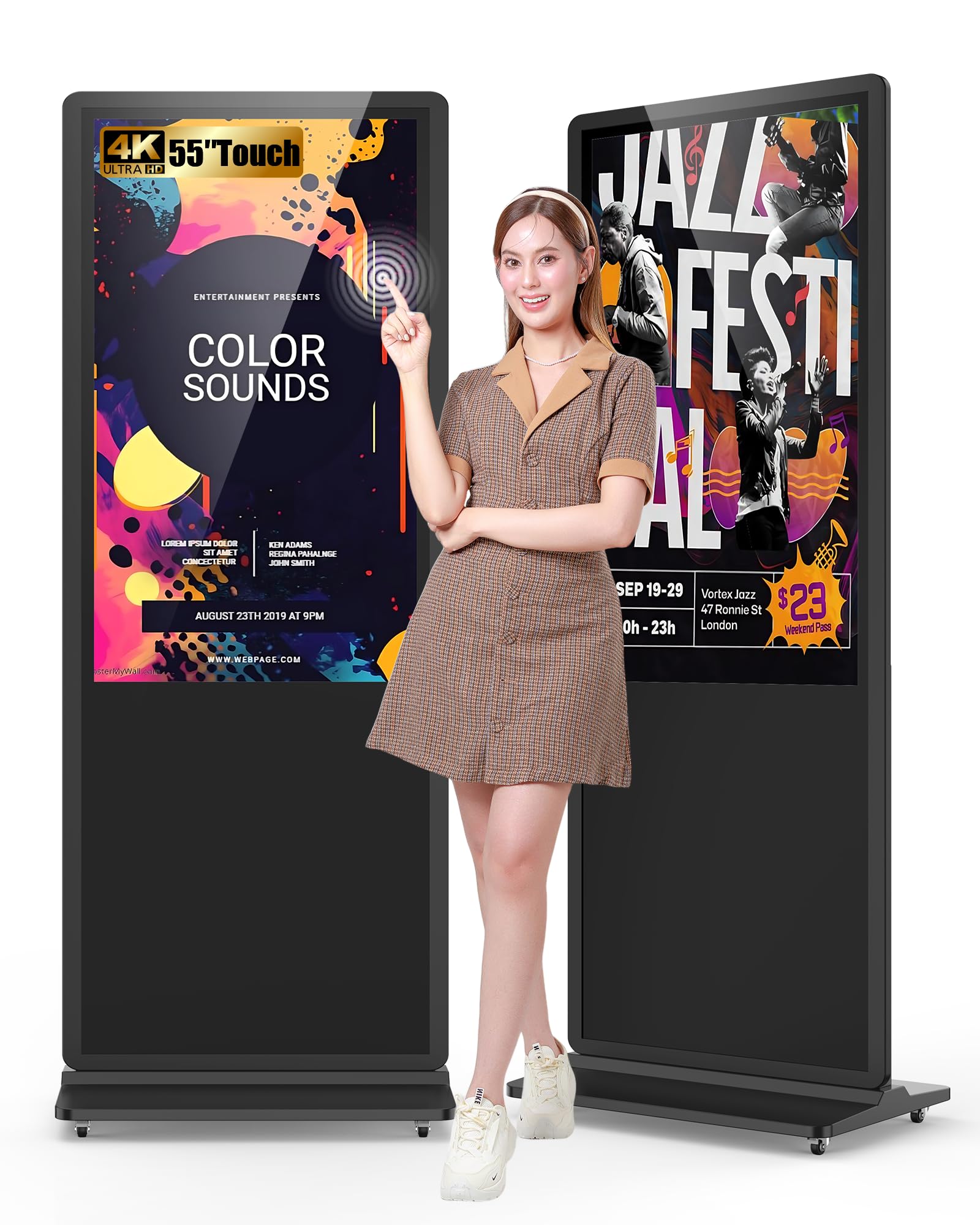 55-inch Indoor Floor Standing Digital Signage Display, 4K 2160P Touchscreen LCD Screen Android OS Kiosk Stand with 2 Speakers, Auto Media Display Advertising Player Supports Remote Control