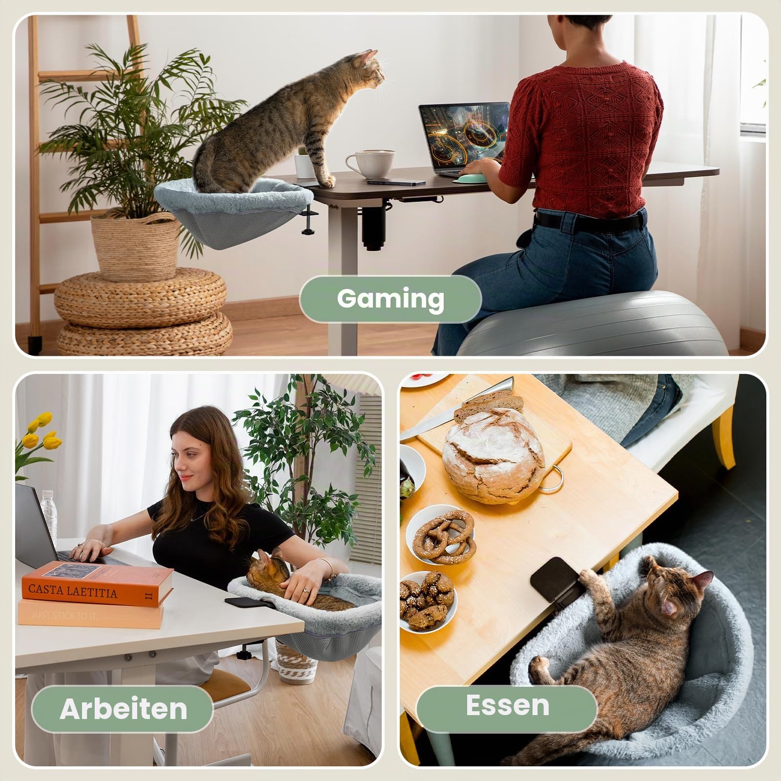 JUNSPOW Katzen-Schreibtischbett – EIN-klick-Faltung, versunkenes Design und platzsparendes halbrundes Katzenbett, weiches Kaninchenfell-Material, geeignet für Verschiedene Schreibtische, maximale