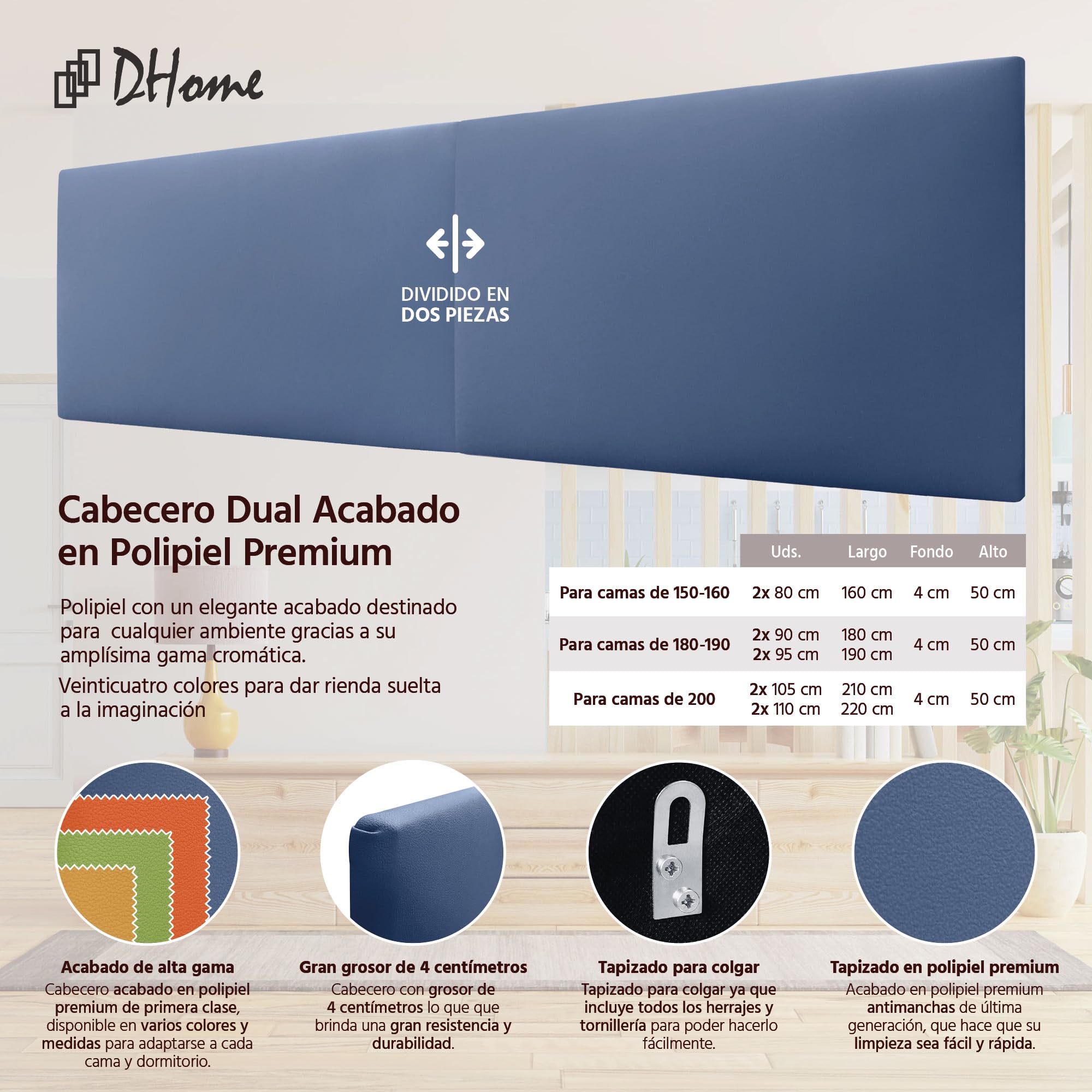DHOME Testiera in similpelle o tessuto Acualine Liscio DUAL divisa in 2 pezzi Testiera imbottita di fascia alta Tappezzeria moderna (Similpelle Blu, 180cm Dual (Letto 180/190))
