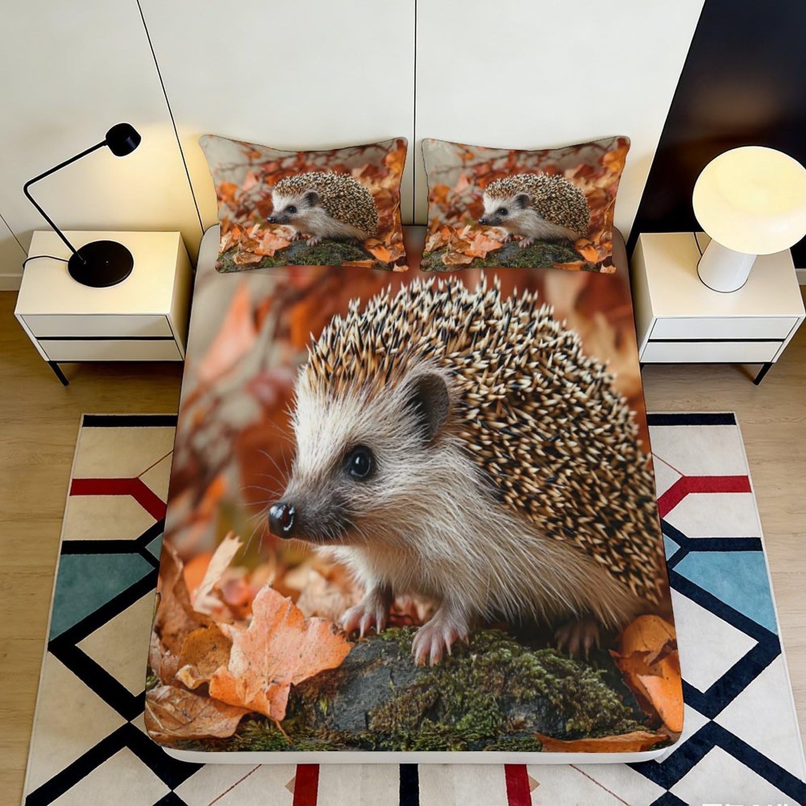 3D Printed Hedgehog Bedding Fitted Sheet Microfiber Deep Pocket for Adults Teens, Hedgehog Mattress Fitted Cover Non-Slip, Elastic Hem, Bedroom Protection, Washable 160x200x25cm