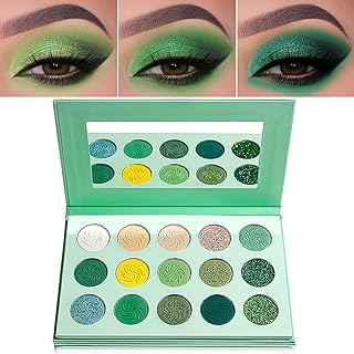 15 Colors Green Eyeshadow Palette,Green Christmas Makeup Eyeshadow Palette Blendable Long Lasting Pigmented Eye Shadow Palette Green Forest Yellow Emerald Glitter Matte Eyeshadow Makeup