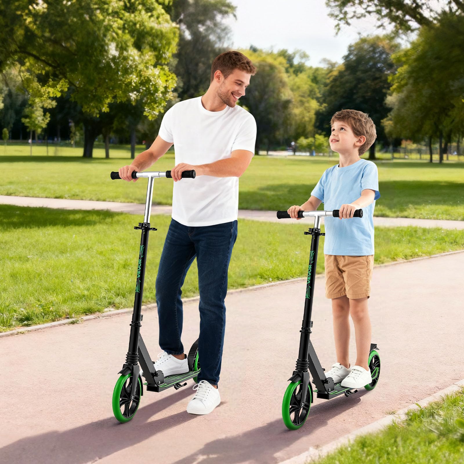 VEVOR Monopattini a Spinta, Monopattino con Freno a Pedale a 2 Ruote con Manubrio Regolabile Pedana Antiscivolo, Pieghevole e Leggero Fino a ca. 99,7 kg per Adolescenti e Adulti, Verde Nero