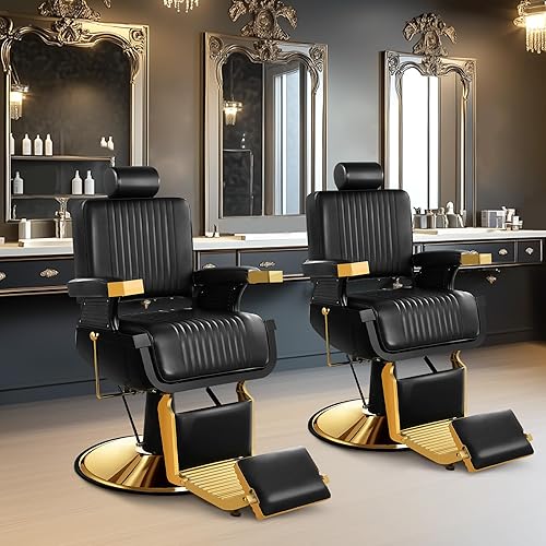 Miniatura 21 de Silla de peluquería, silla hidráulica reclinable de alta resistencia negra para peluquería con reposapiés y reposacabezas, silla giratoria ajustable