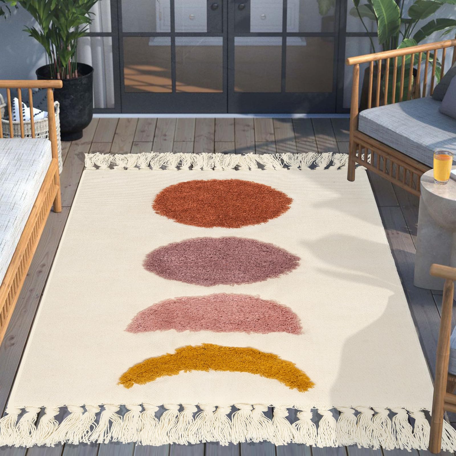 Alfombra Salon Grande 90x150cm,Boho Beige Luna Alfombra de Algodón con Borlas Tejidas, Alfombra Lavable para Baño, Cocina, Salon, Dormitorio, Entrada