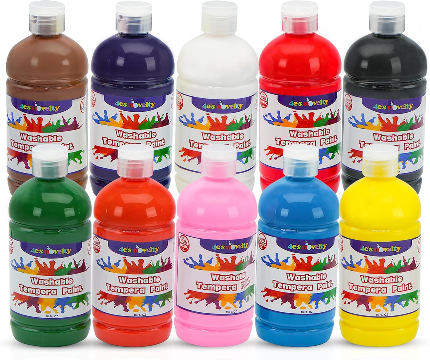 4E's Novelty 16oz Washable Tempera Paint Set for Kids – 10 Bright Colors – 16oz Bottles – Non Toxic Washable Paint for Crafts, Teacher Classroom Must Have, Arts & Craft Supplies