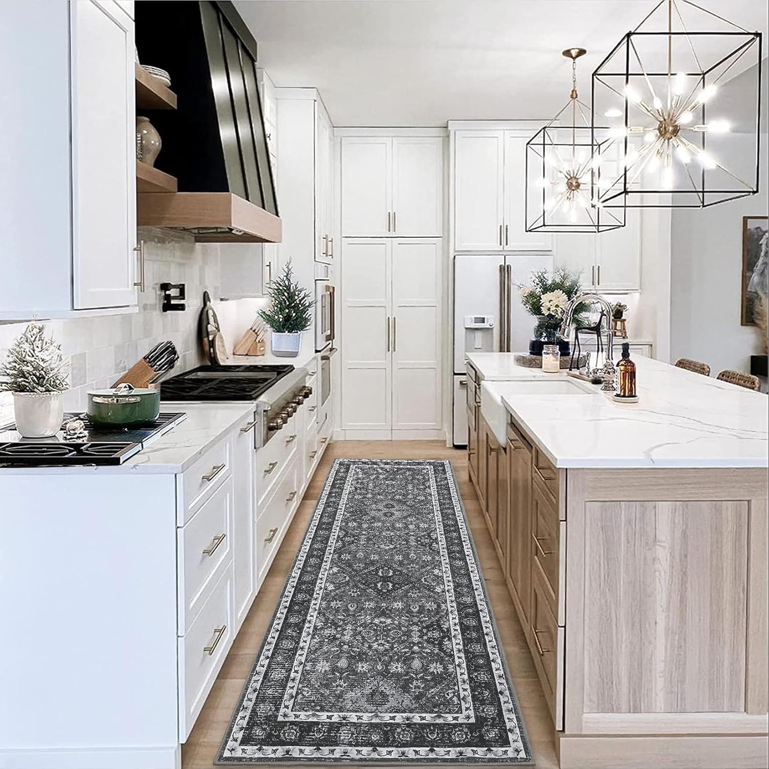 GlowSol Washable Rug Runner 2x6 Washable Runner Vintage Rug Traditional Rug Non-Slip Grey Runner Rugs with Rubber Backing Low-Pile Ultra-Soft Distressed Rug for Kitchen Bedroom