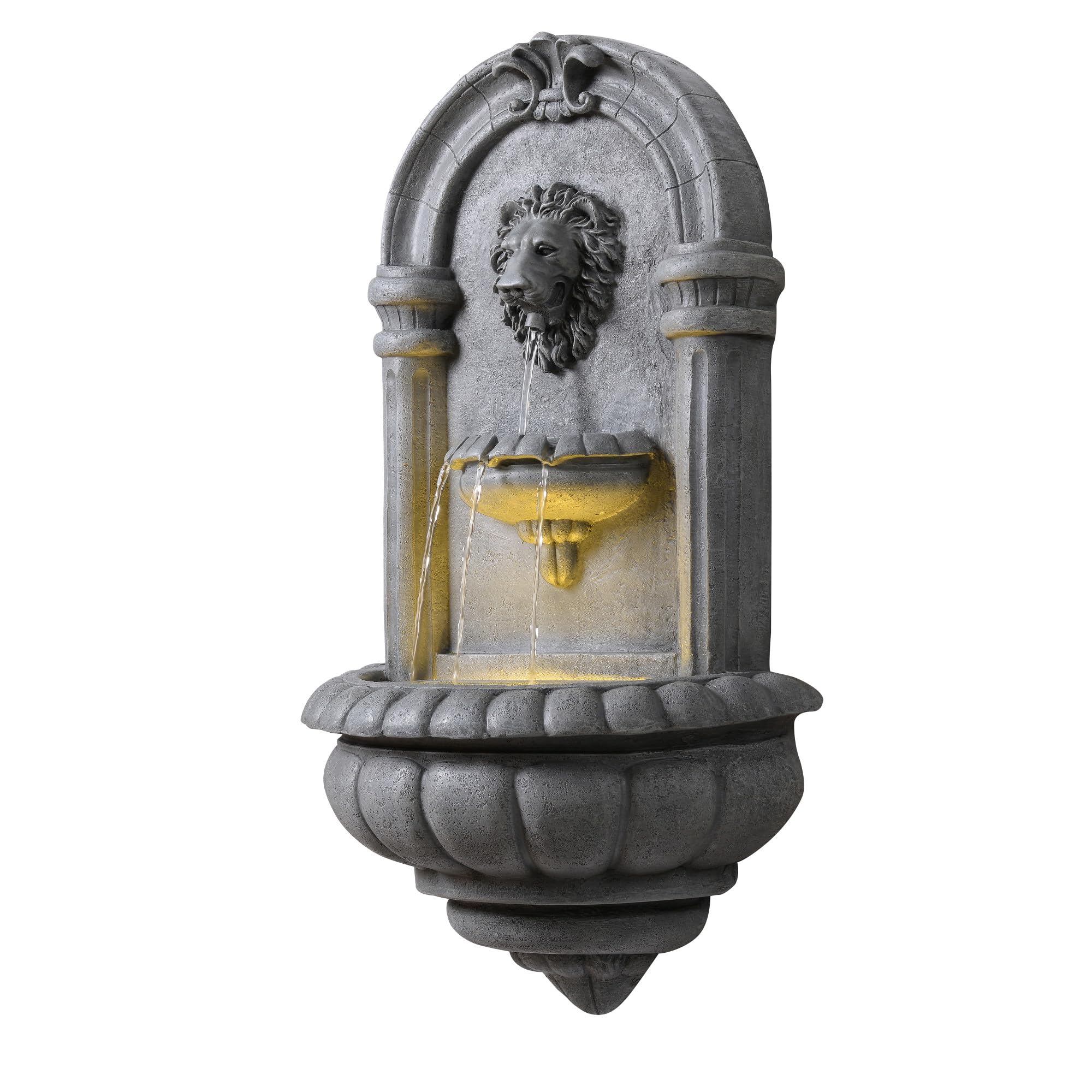 Teamson Home Fontaine Murale tête de Lion 81 cm Effet Pierre, éclairage LED intégré et Design Classique, Pierre Naturelle