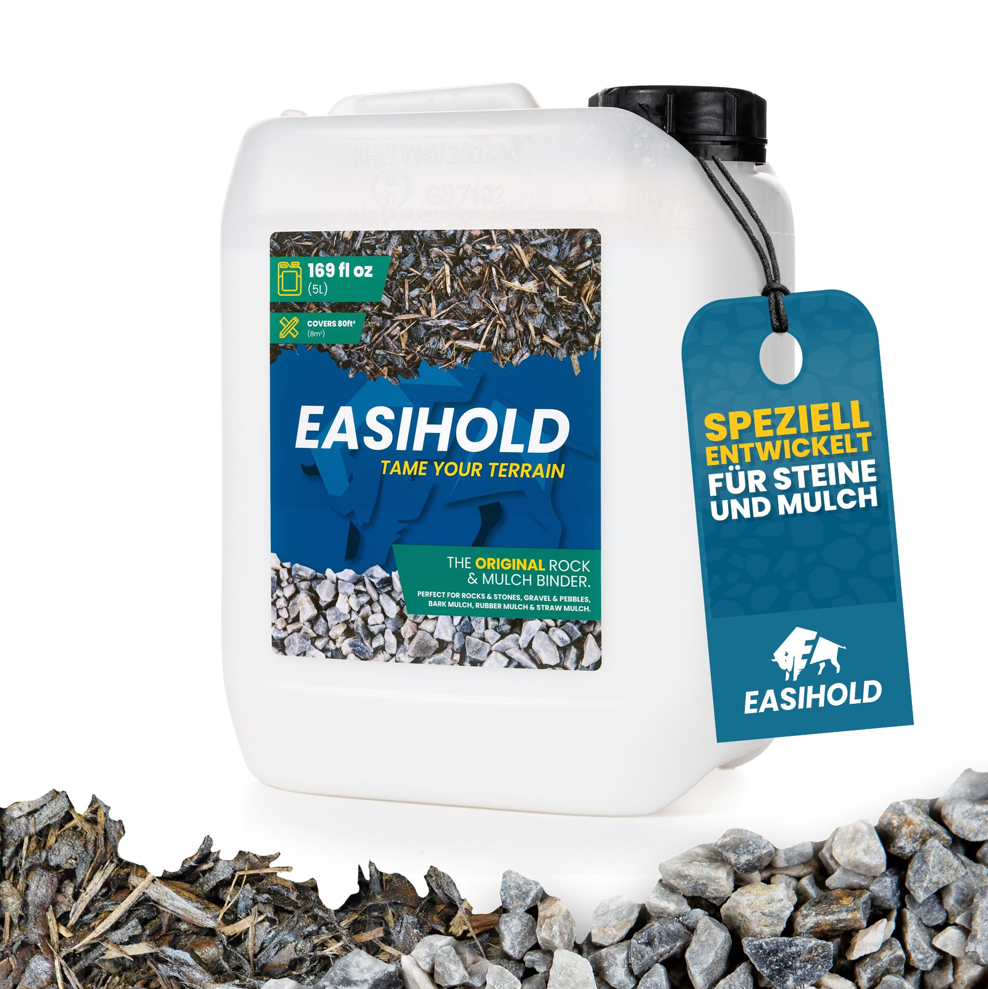 Vuba EASIHOLD Rocks – 5L XL Kiesbinder zum Verkleben von Steinen, Rinde und Kies auf Rabatten, Terrassen und Gartenwegen. Hält bis zu 3 Jahre, ungiftig, gebrauchsfertig.