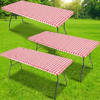 Oudain 3Pcs Plastic Picnic TableCover Checkered Tablecloth,Red and White