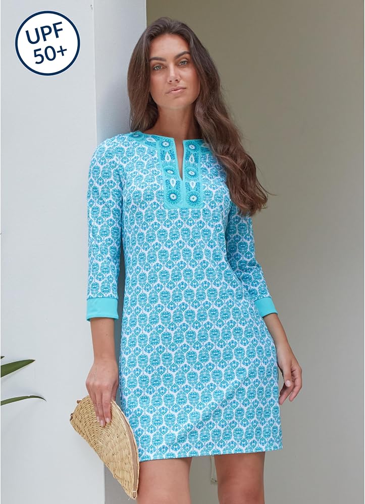 Cabana Life Women's Tunic Summer Dress, UPF 50+, Sun Protective Cover-Up, Nylon/Spandex, Palm Beach, X-Small at Amazon Women's Clothing store Cabana Life Women's Tunic Summer Dress, UPF 50+, Sun Protective Cover-Up, Nylon/Spandex, Palm Beach, X-Small at Amazon Women's Clothing store