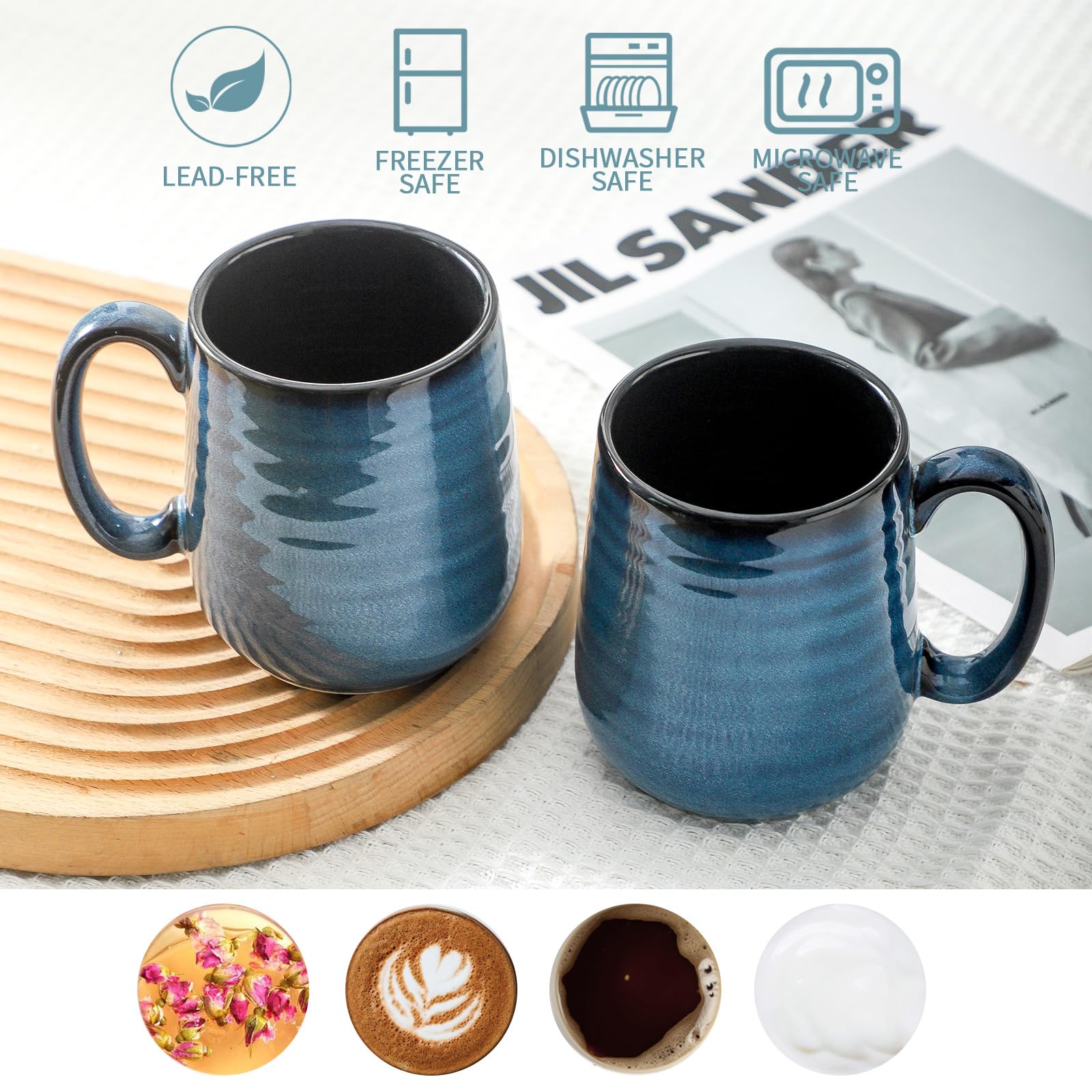 Juego de 4 tazas de café de cerámica de 15 onzas con asa grande, tazas de té grandes para bebidas calientes, yogur, capuchino, café con leche, regalo para mamá y papá, aptas para lavavajillas