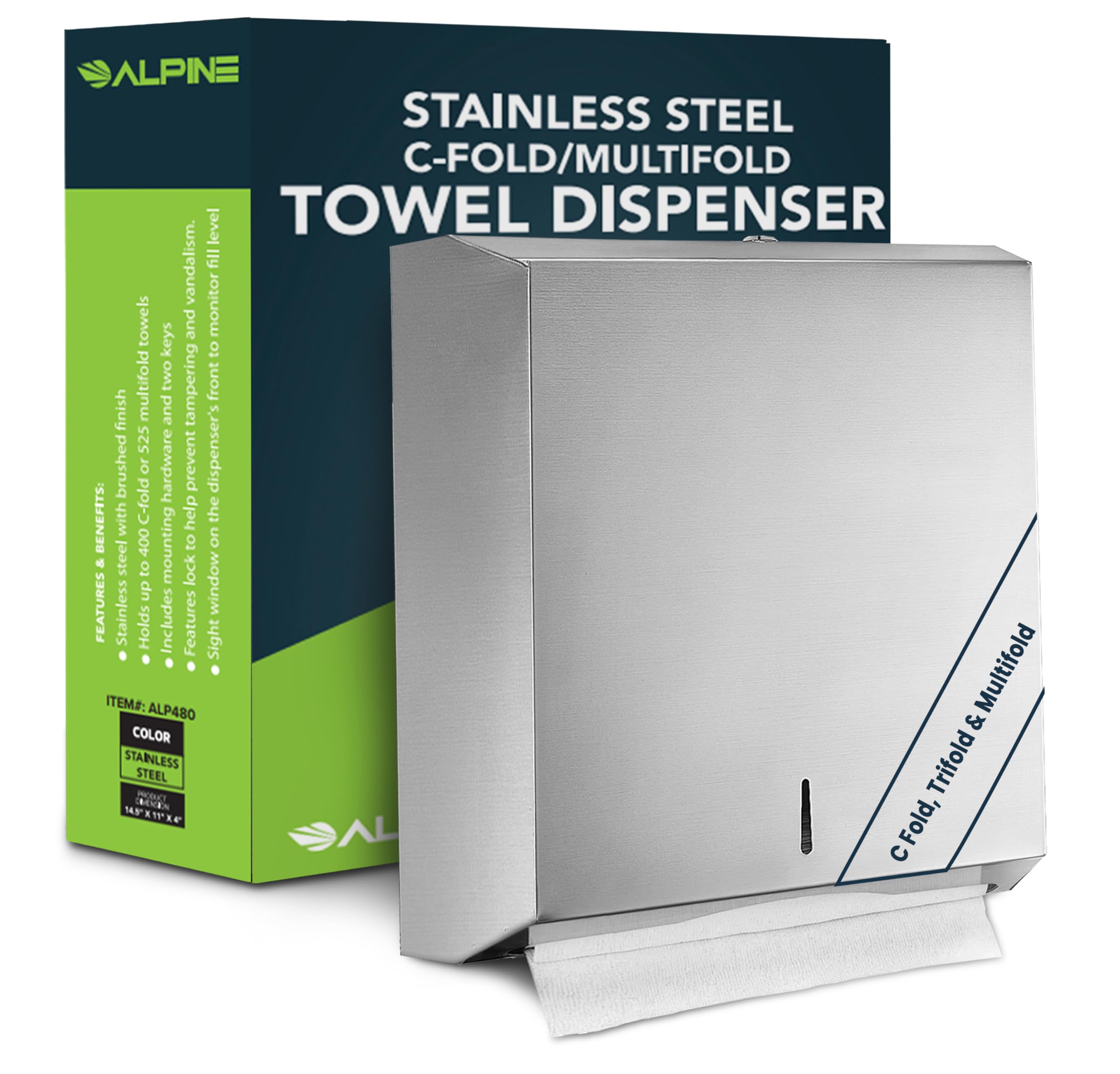Alpine industrias C-fold/Multifold papel toalla dispensador – acero inoxidable cepillado – con capacidad para hasta 400 C-fold toallas de o 525 Multifold