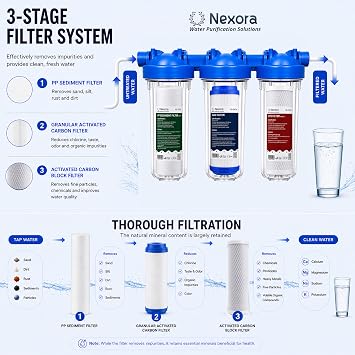 NEXORA 10 Inch Water Filter Cartridges for RO & Under Sink Systems – Universal Replacement Filters – PP Sediment, CTO Carbon Block & GAC Carbon – Multi-Pack (PP, CTO & GAC, Pack of All 3 Cartidges)