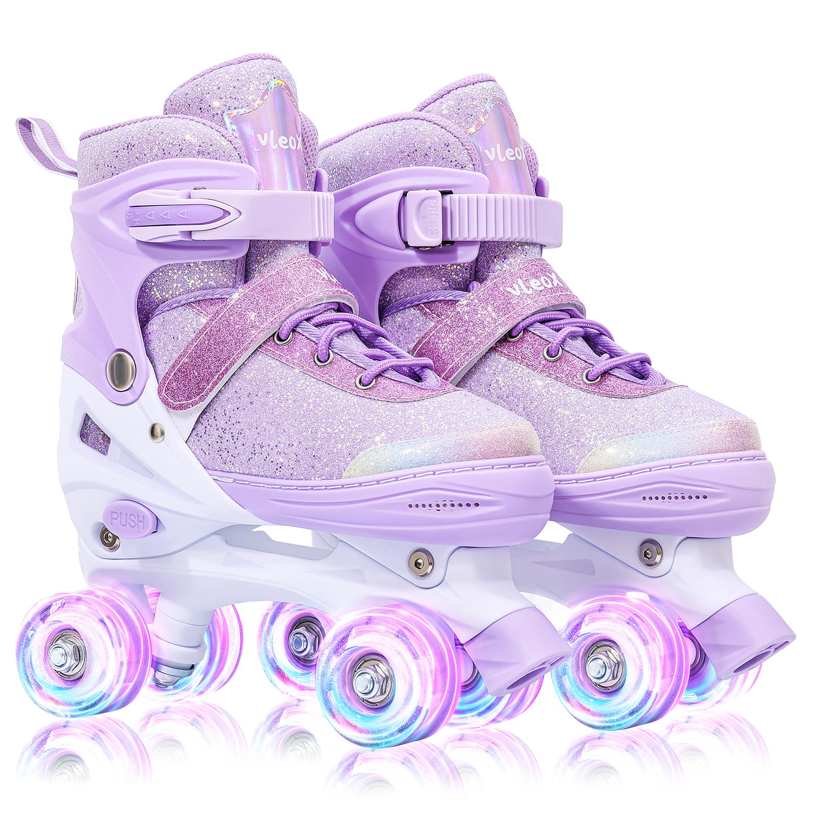 Vleox Kinder Rollschuhe, Verstellbare Quad Skates 4 Size Verstellbare und beleuchtete Rollen Rollschuhe für Mädchen Jungen, Geschenk, Drinnen und Draußen