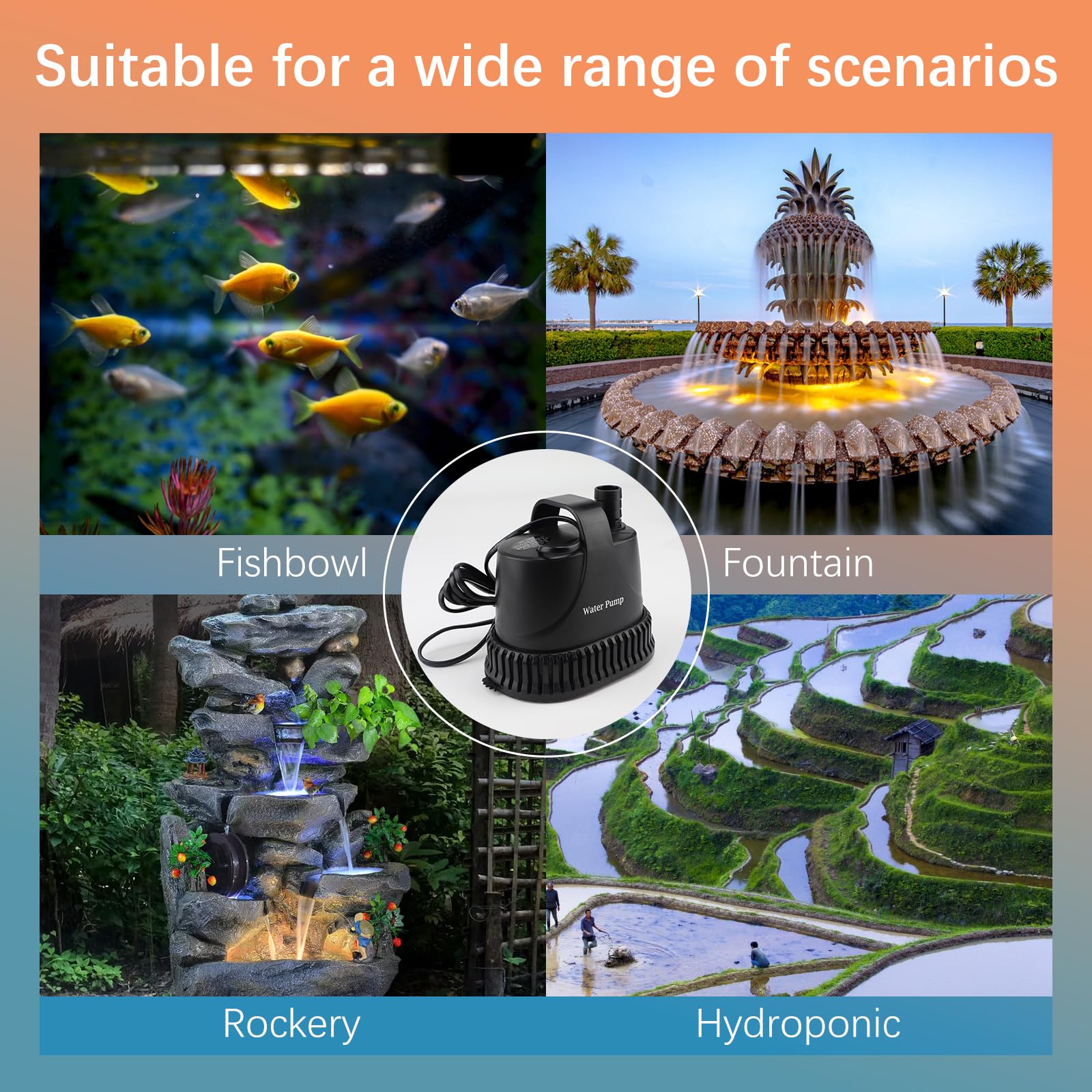 EXLECO Mini bomba de agua submersible 2000L/H 30 W, pequeña bomba de inmersión 230 V, bomba de agua sucia para riego de jardines con cable de 2 m, 2 boquillas, para fuente de jardín, estanque - 3