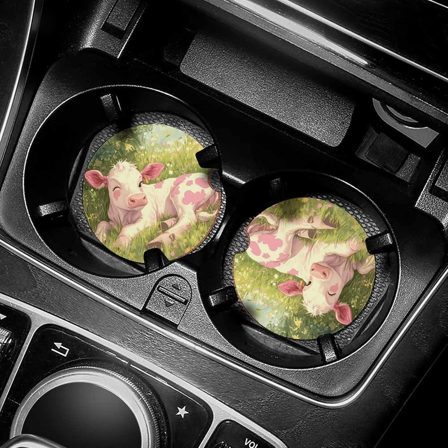 Funny Strawberry Cow Car Cup Holder Coaster with Cork Base 2.6 Inches Anti Slip