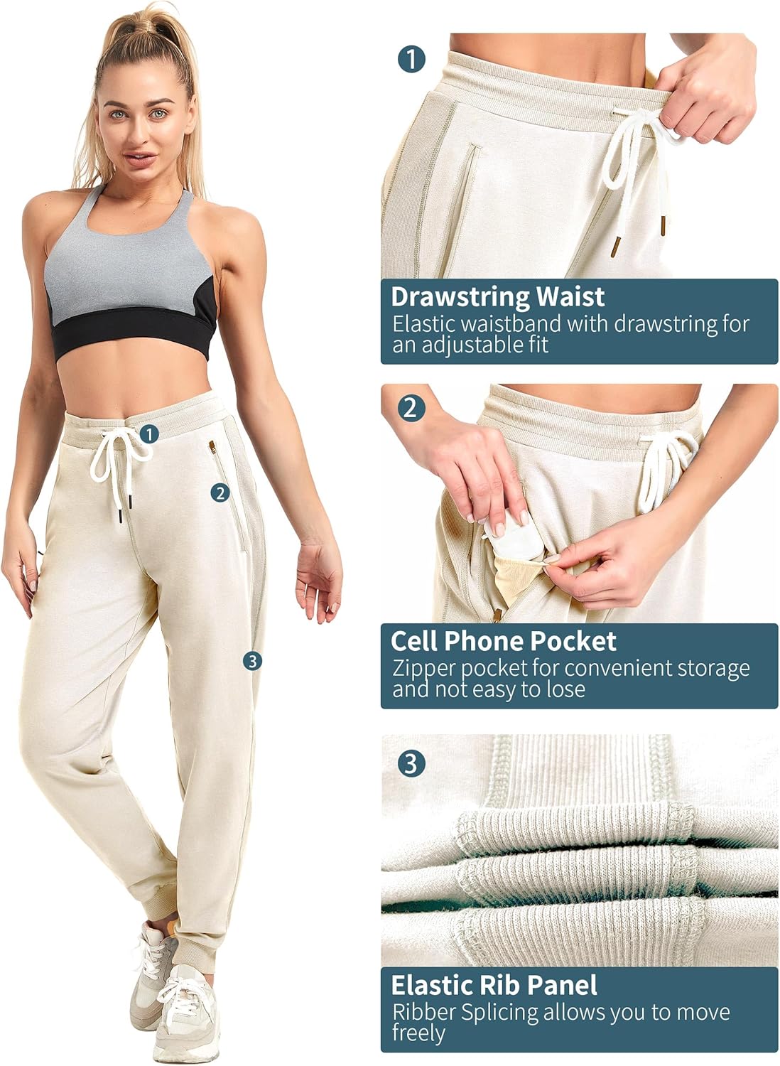 PULI Women Workout Sweatpants Cotton Jogger Ribber Splicing Lounge Sweat Pants with Zipper Pocket - Image 5