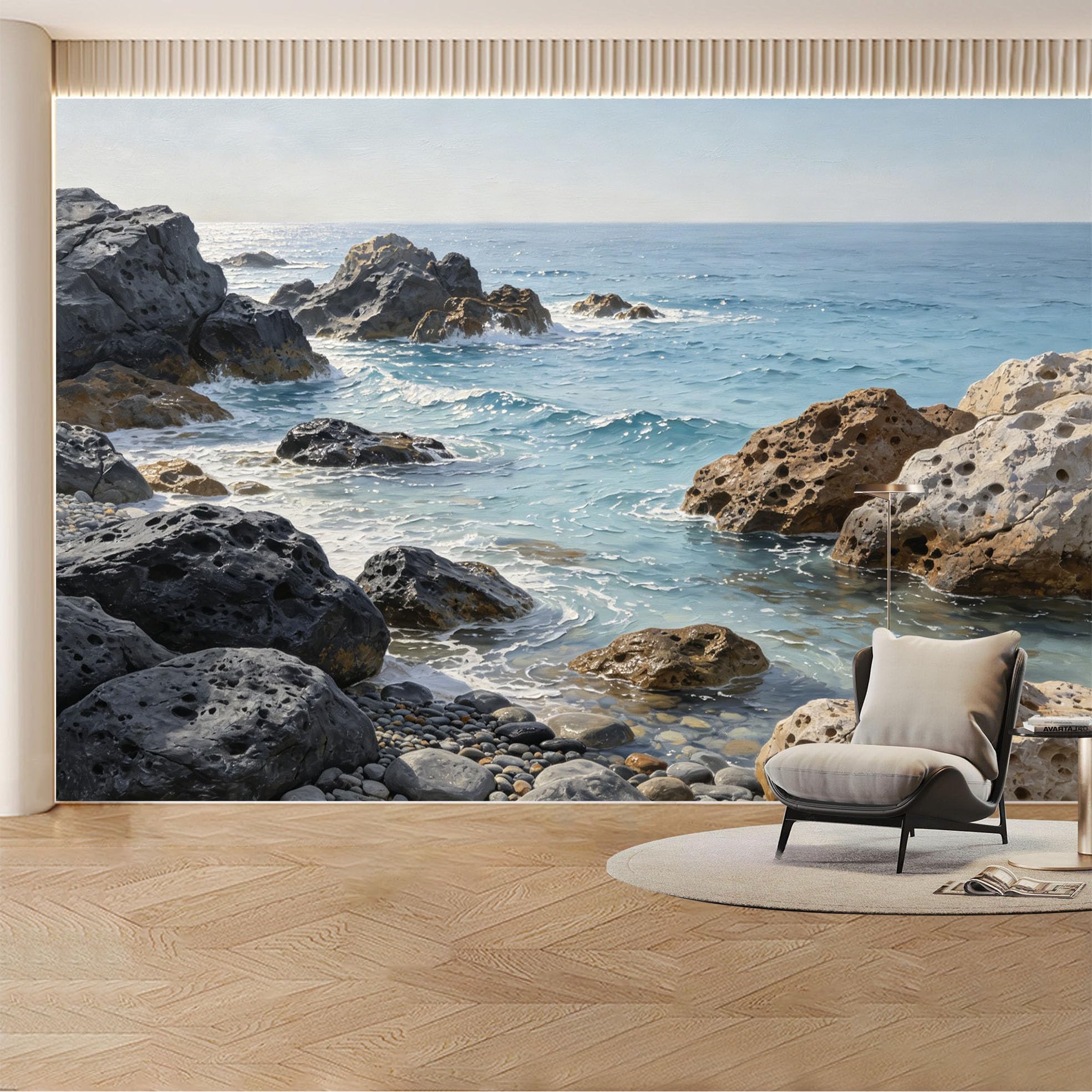 Custom Wall Mural Wallpaper Ocean Rocky Shore Landscape Nature Modern Wall Decor Large Wall Art Coastal Minimalist Sunset Removable SelfAdhesive Large Photo for Living Room， Bedroom， Office