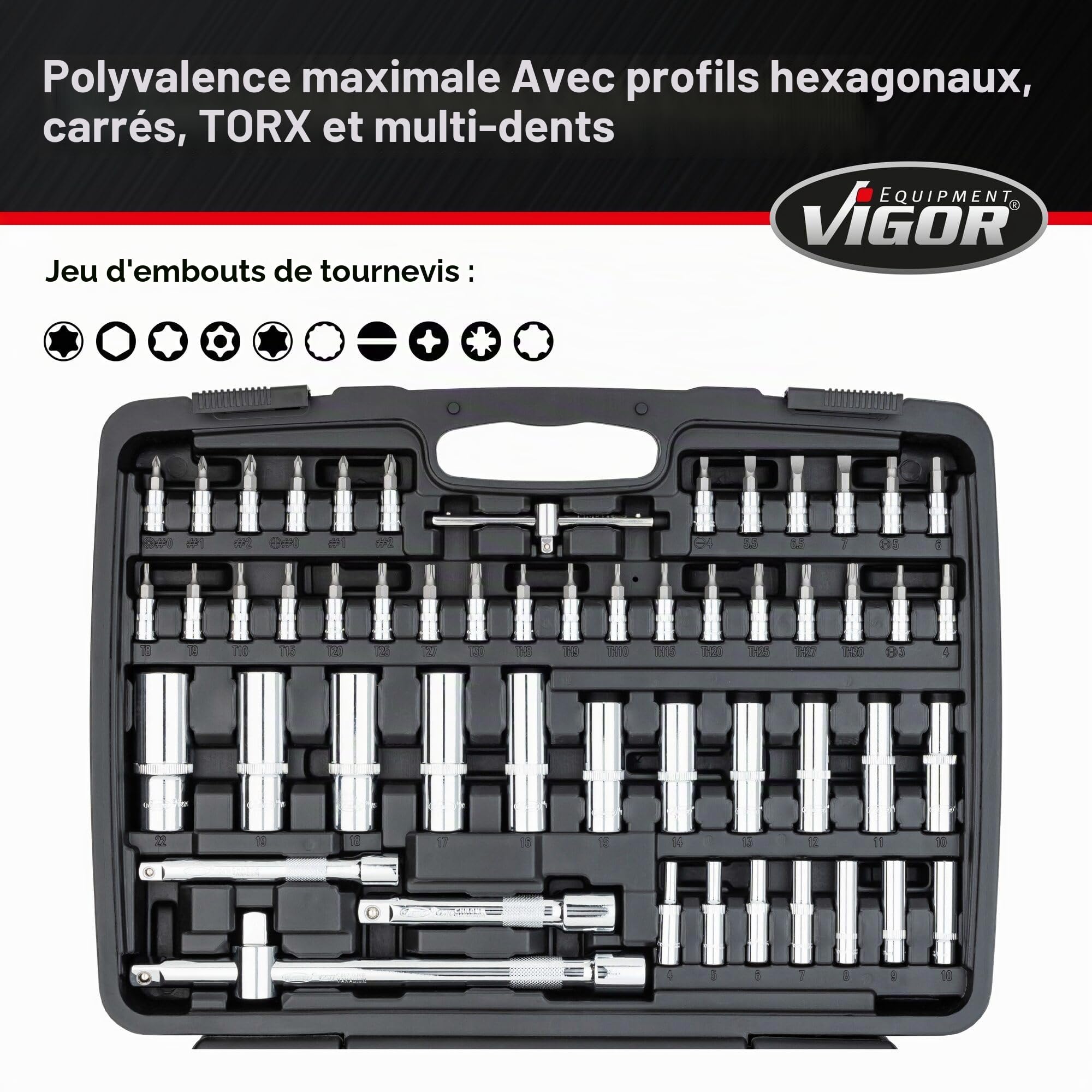 Jeu de clés à douilles ViGOR V2461 I Jeu d'outils de 172 pièces, entraînement : hexagonal et carré, profils de sortie entre autres : hexagonal intérieur et extérieur, cruciforme, à fente et Pozidriv'.