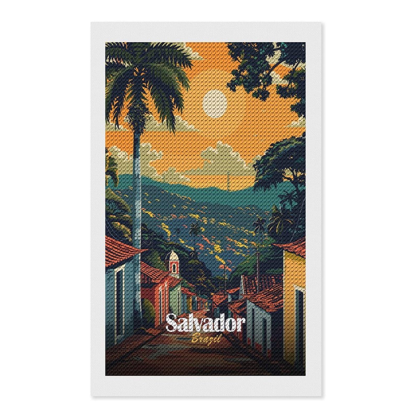 Junmoney Salvador, Brazil Travel Round Drill Diamond Painting 12"x20", for Craft Lovers, Stress Relief Craft, Bedroom Decor, Festive Craft Gift