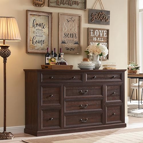 Farmhouse Buffet Cabinet, 60" Storage Cabinet w/9 Drawers, Large Wood Rustic Sideboard Cabinet w/Three Drawer Sizes, Coffee Bar Cabinet for Dinning Room, Hallway, Bedroom, Brown