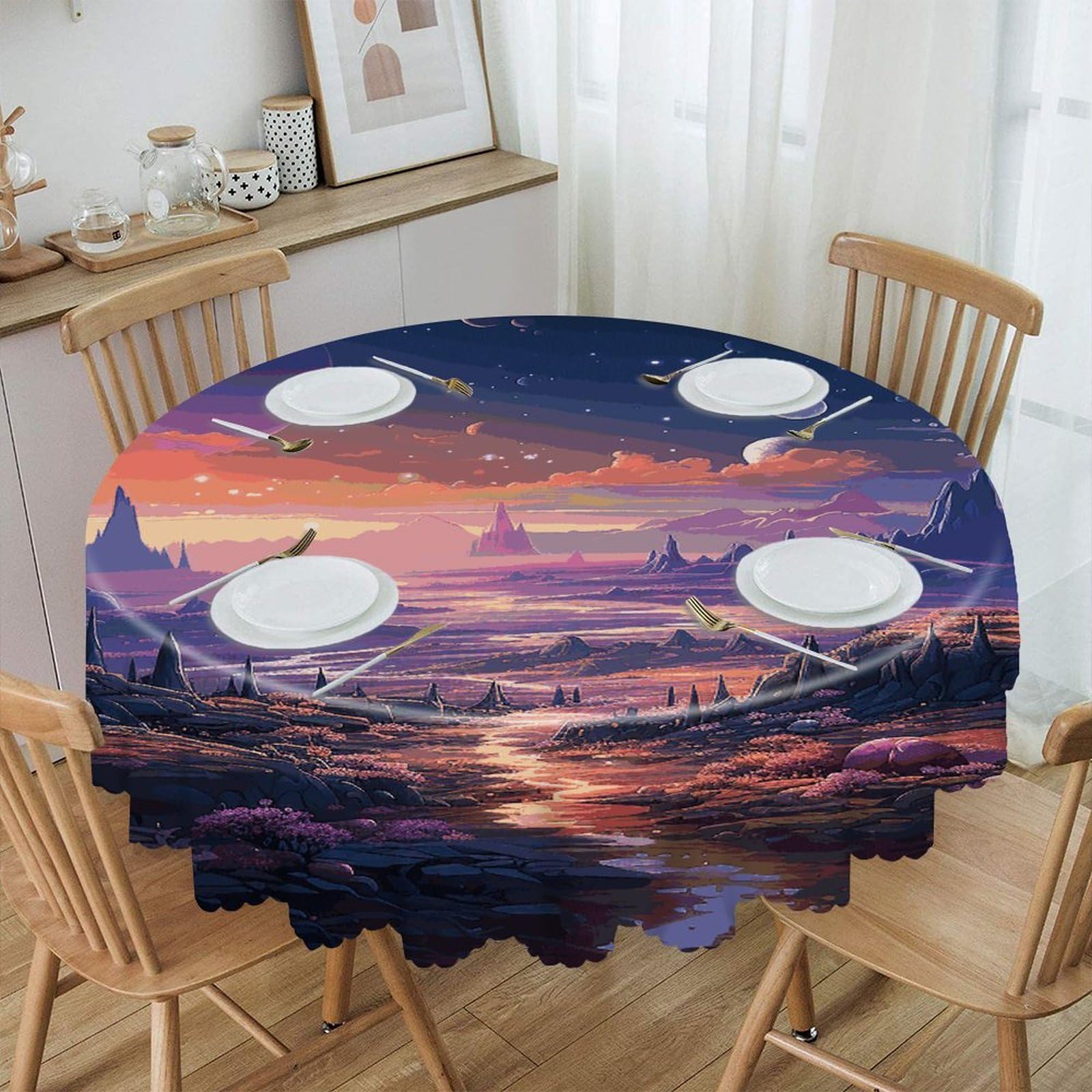 FekiLoot Colorful Retro Space Theme Round Tablecloth 60 Inch Waterproof Heavy Duty Table Cloth Spillproof Washable Table Cover Wrinkle Resistant Tablecloths Decorative Table Cloths